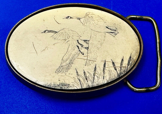 Two flying Ducks - Faux Scrimshaw Drawing Style Vintage Belt Buckle by Barlow