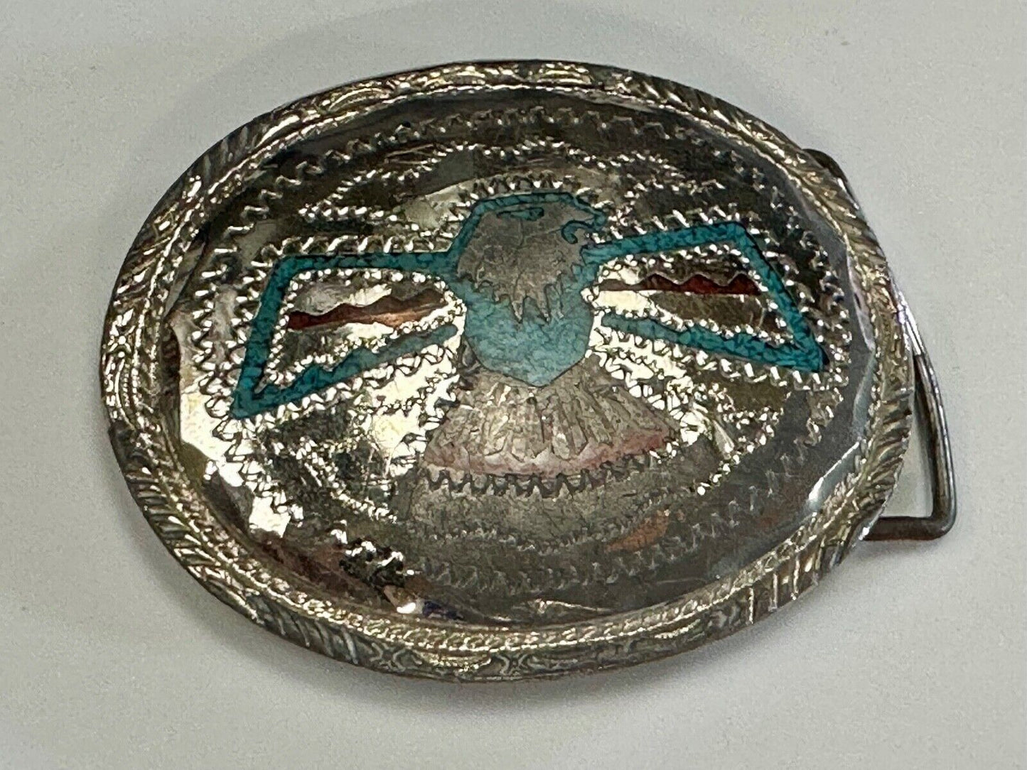 THUNDERBIRD Inlaid turquoise & Coral belt buckle - see hallmark ---   to restore
