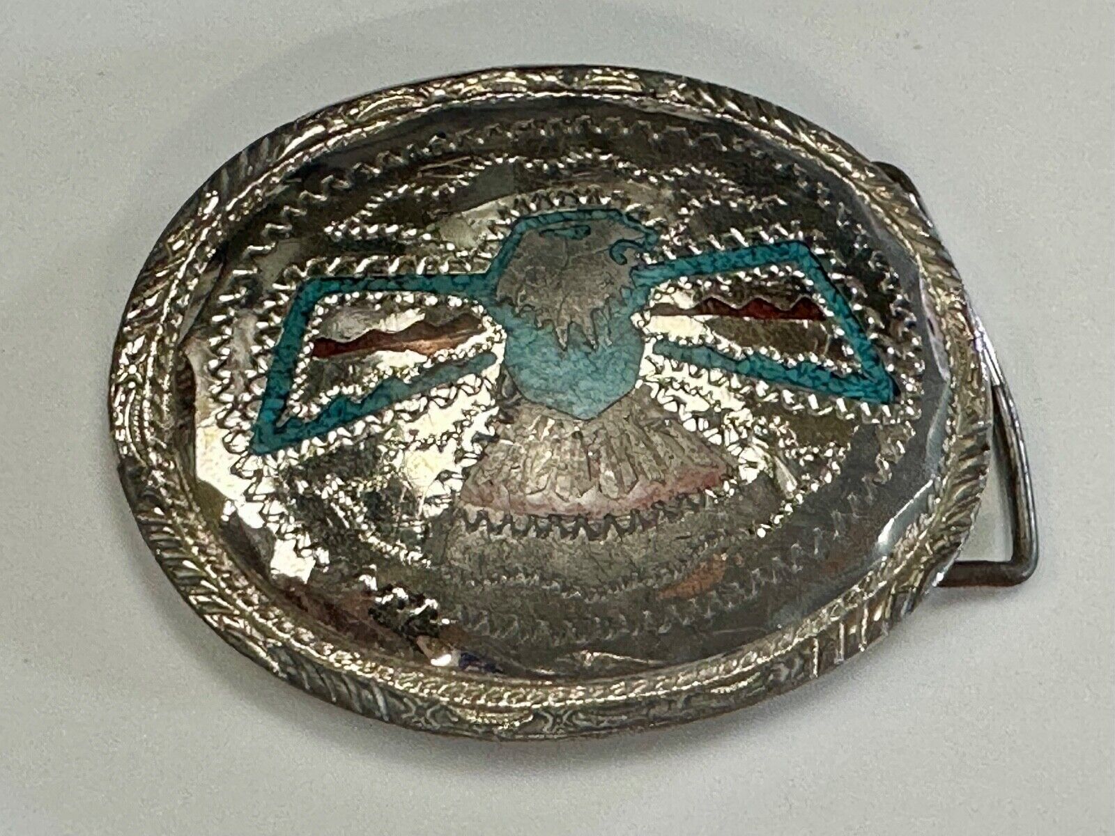 THUNDERBIRD Inlaid turquoise & Coral belt buckle - see hallmark ---   to restore