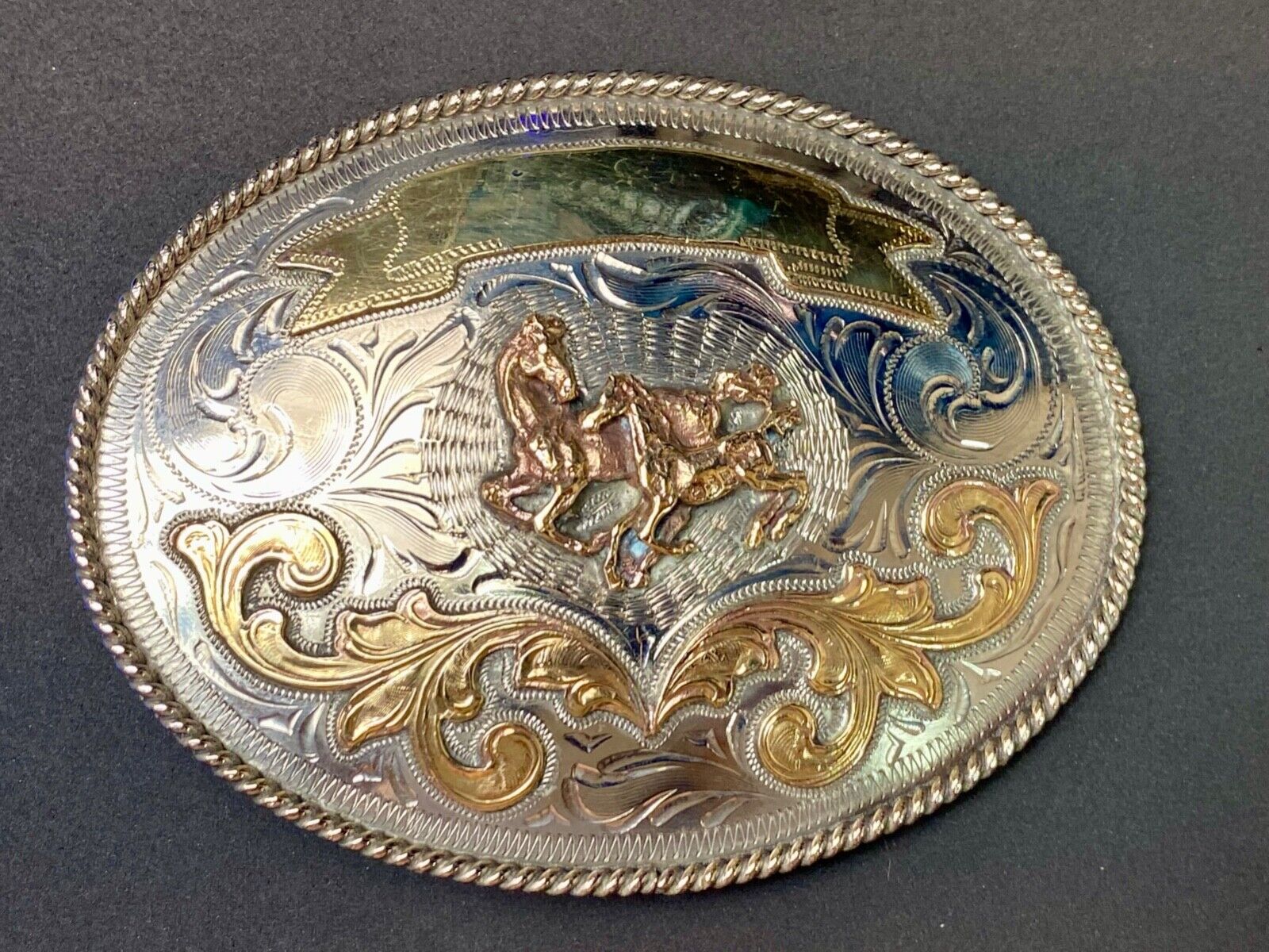 5" wide! Alpaca Mexico stamped wild mustangs horses running wild belt buckle