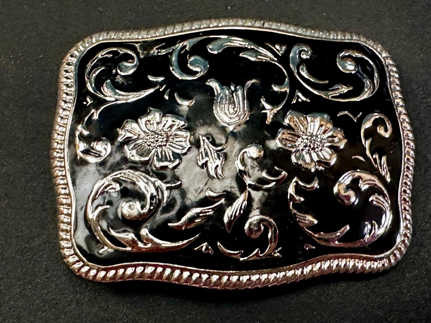 Black & Silver Color Ornate Western Flower Swirl Floral Theme Belt Buckle