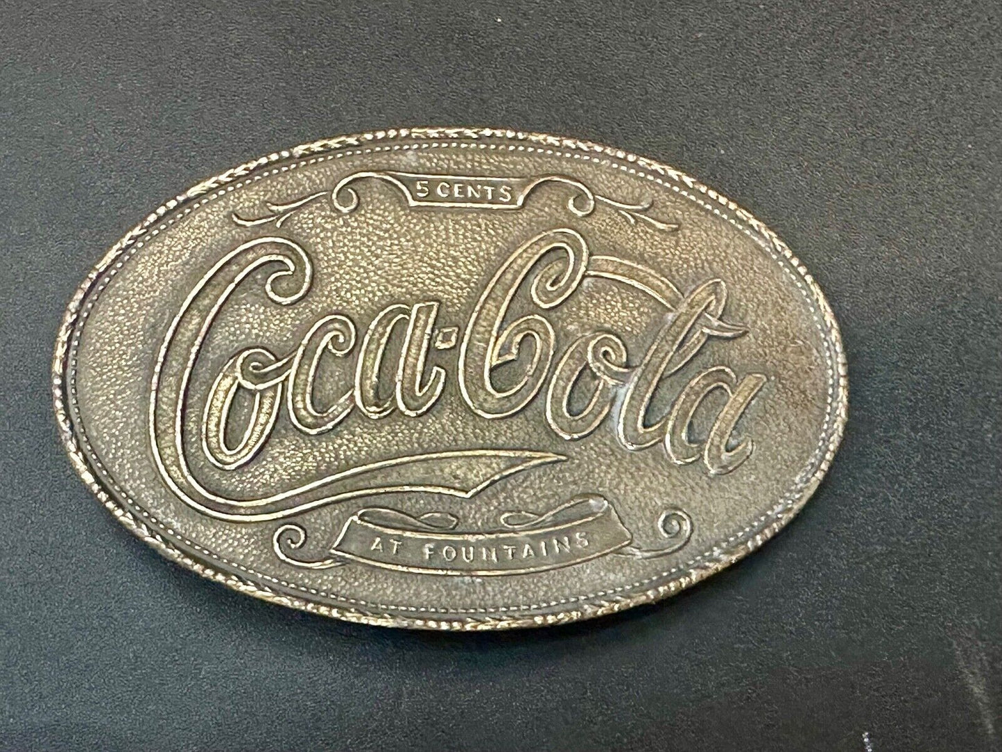 VINTAGE 1970s **COCA-COLA 5 CENTS AT FOUNTAINS** SODA POP BELT BUCKLE