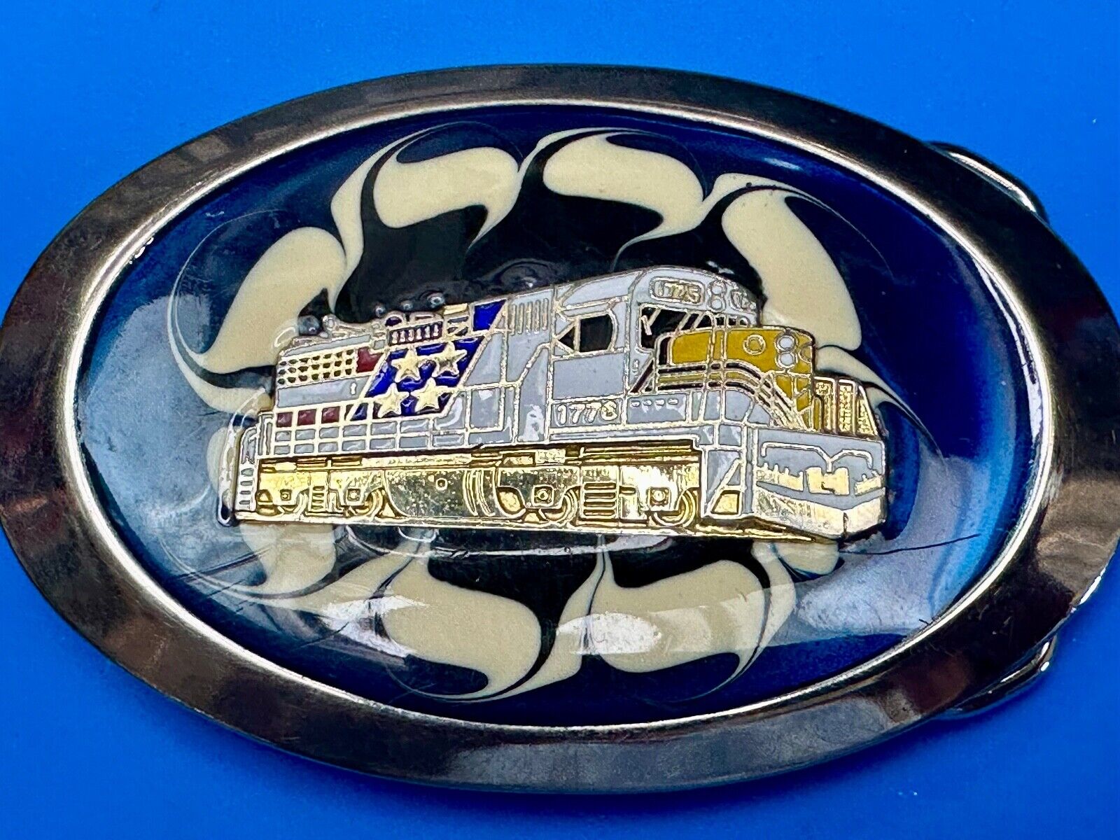 Artisan Trail Car Engine on retro swirl background Vintage Oval Belt Buckle