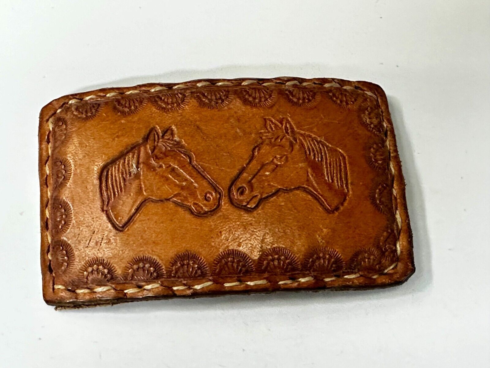 Two Horse Heads Vintage Stitched Brown Leather Rectangular Belt Buckle