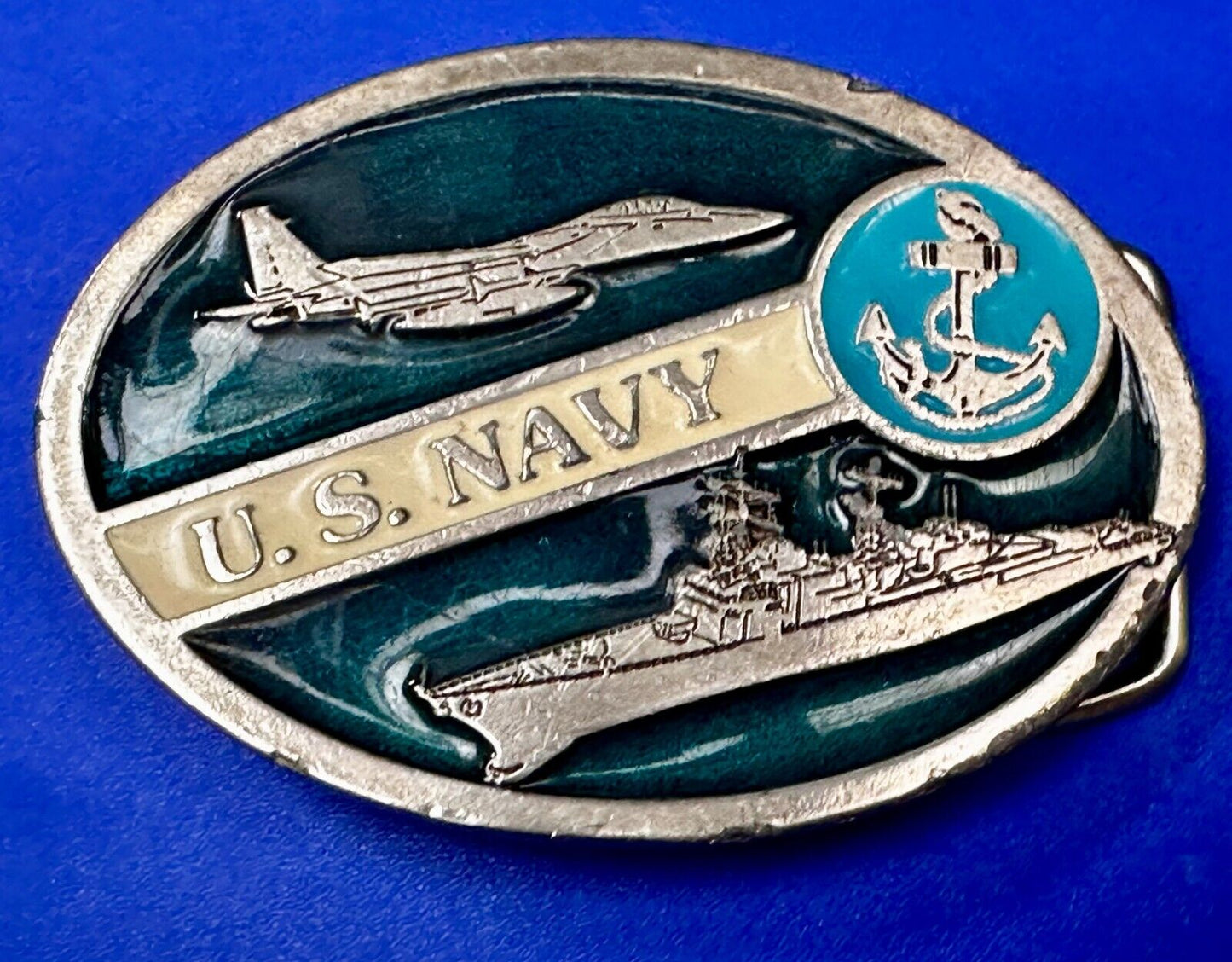 US Navy Fighter Jet Battleship Blue Anchor Vintage 3" Wide Belt Buckle #2260