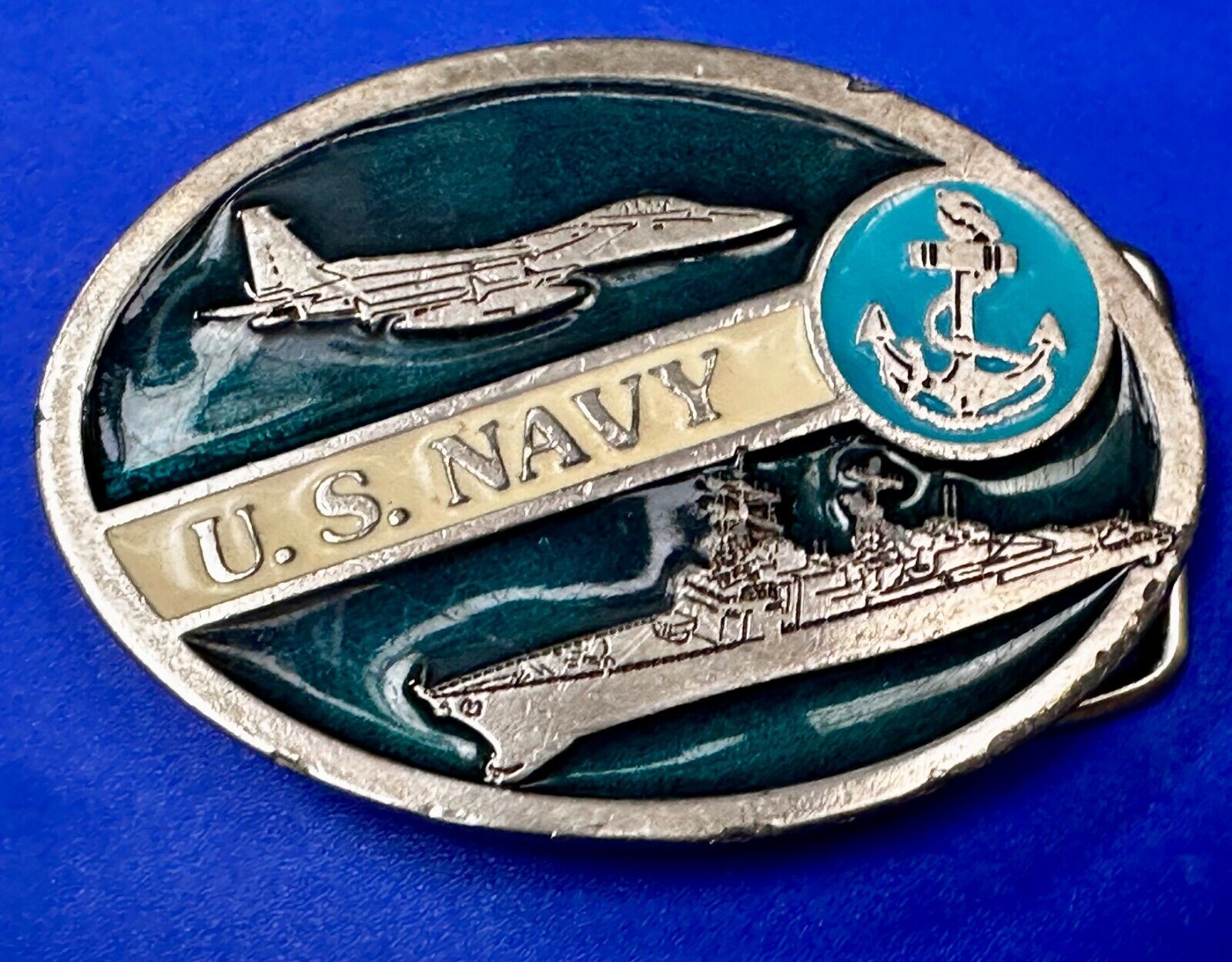 US Navy Fighter Jet Battleship Blue Anchor Vintage 3" Wide Belt Buckle #2260