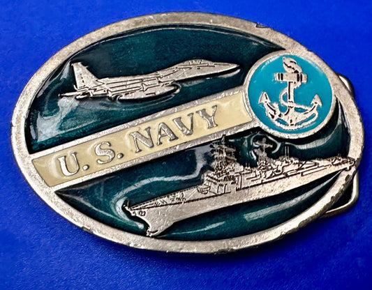 US Navy Fighter Jet Battleship Blue Anchor Vintage 3" Wide Belt Buckle #2260