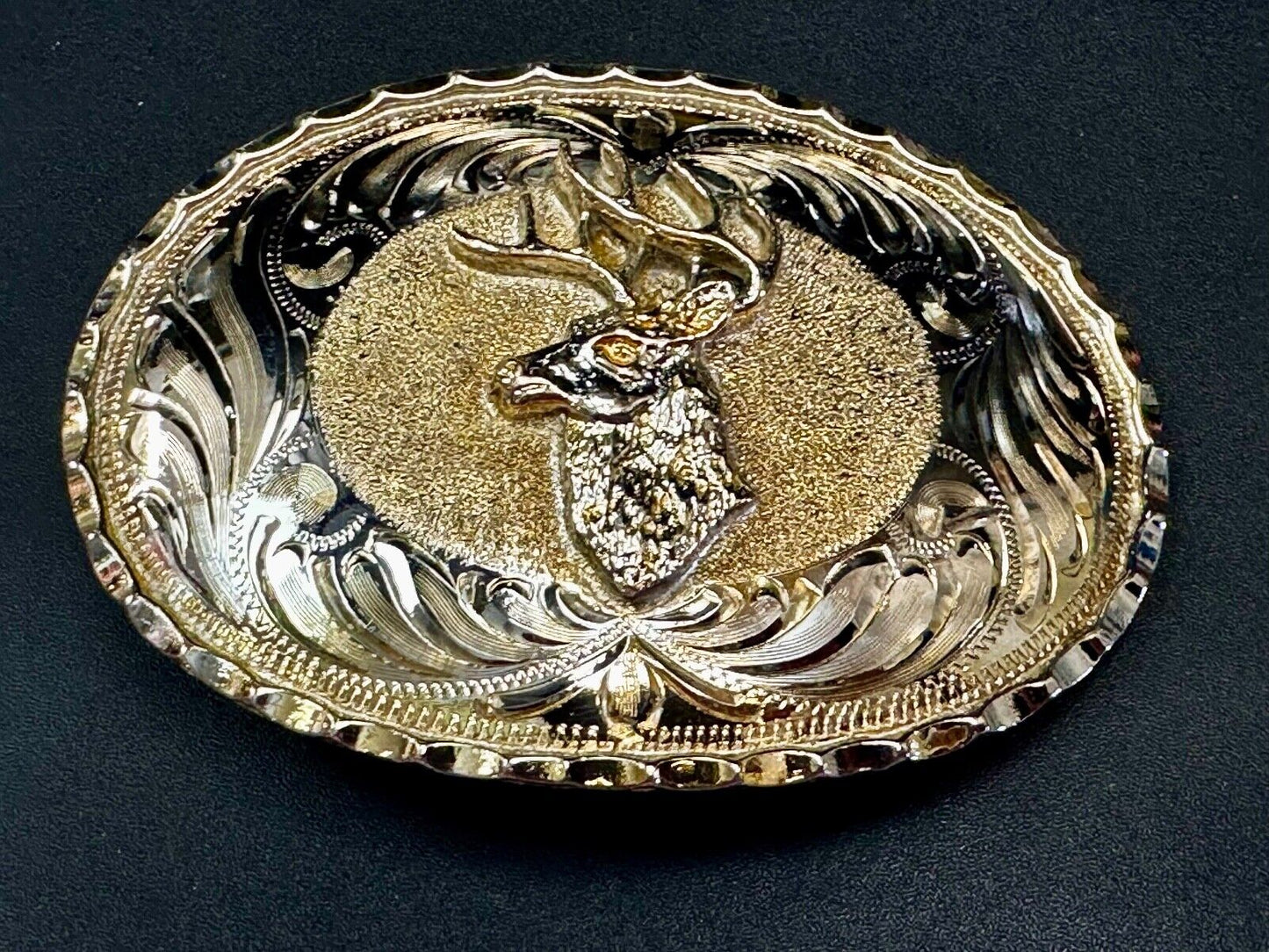 Unique Deer  Buck Elk - Ornate Alpaca Mexico Made Vintage Belt Buckle