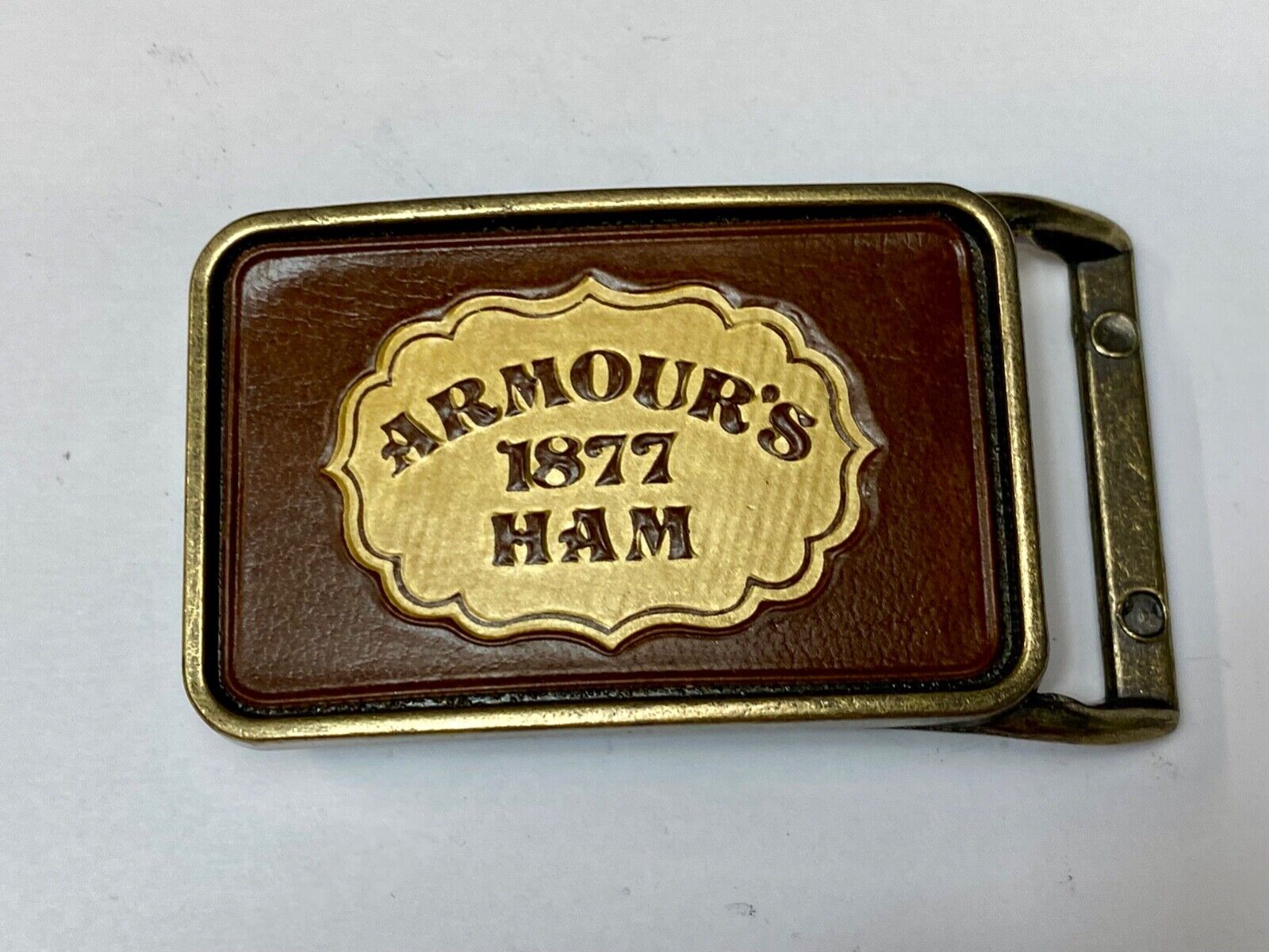 Vintage ARMOUR’S 1877 HAM leather and brass tone advertising belt buckle