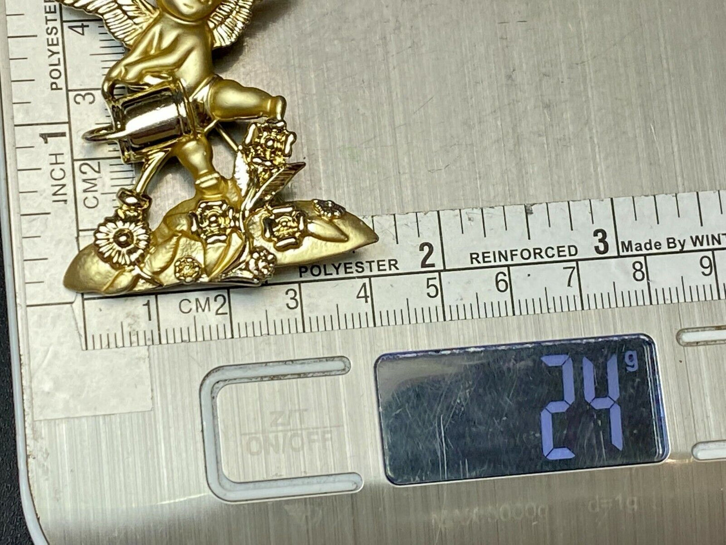 Angle Watering Flower Garden Plants Cupid Brooch Pin Signed AJC 