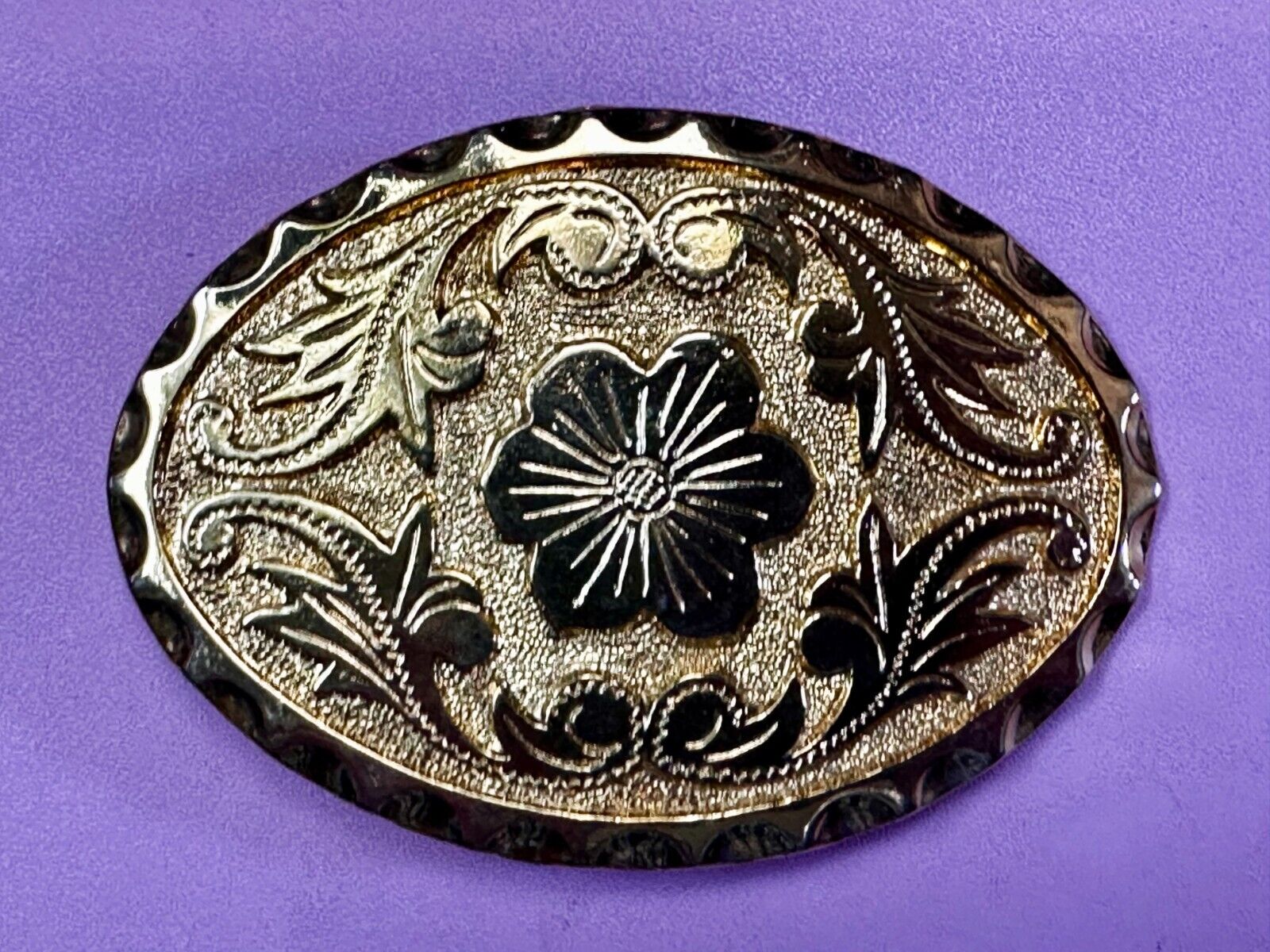 Vintage Etched Flower Floral Theme Western Oval Gold Tone Belt Buckle