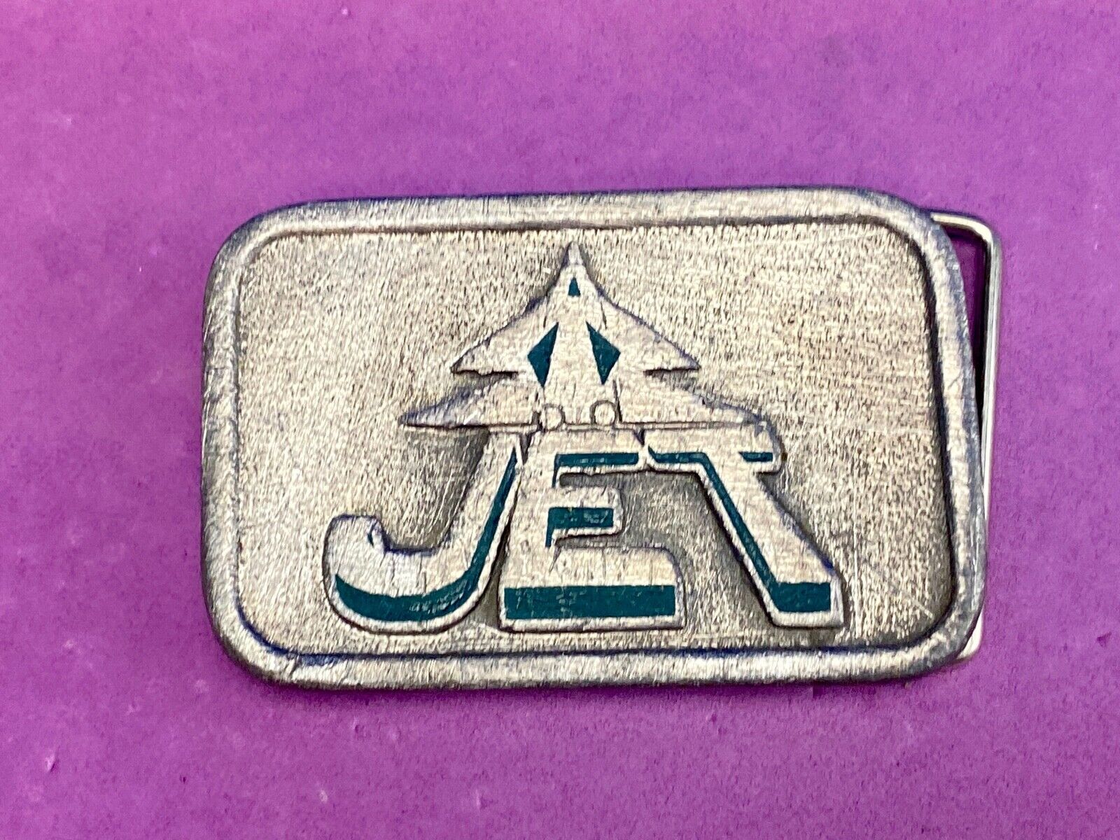 Vintage HitLine Belt Buckle USAF Air Force Jet Airplane Fighter Green Silver