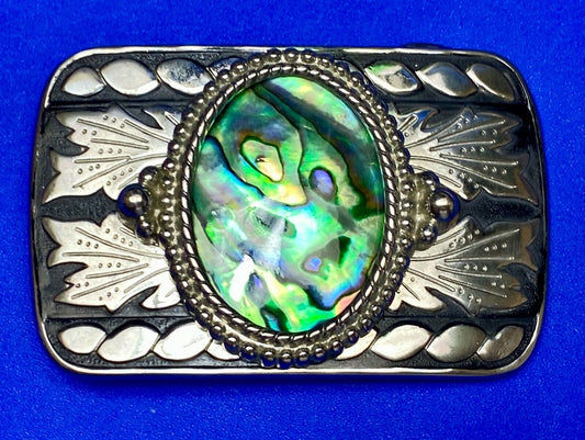 Abalone Shell Centerpiece On Western Silver & Black Color Belt Buckle