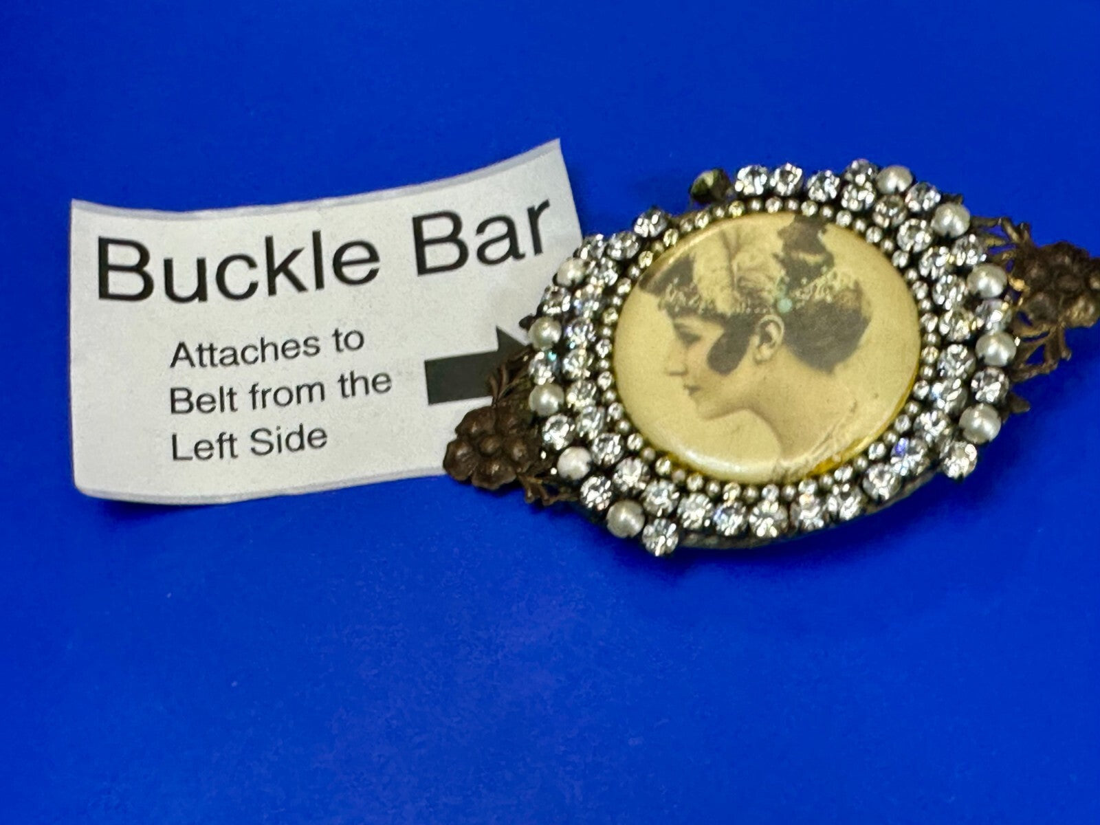 Victorian Woman Painting Cameo Vintage W Belt Buckle - Missing Rhinestone's