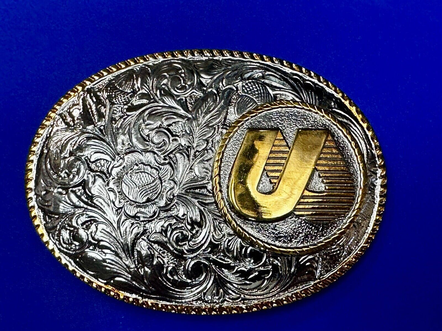 UA Company Logo Floral Flower Design Gold & Silver Tone Vintage Belt Buckle
