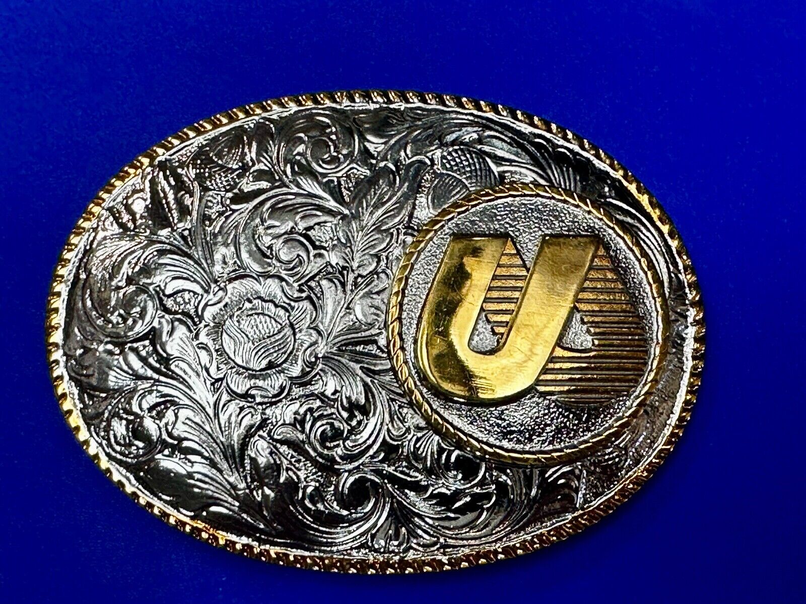UA Company Logo Floral Flower Design Gold & Silver Tone Vintage Belt Buckle