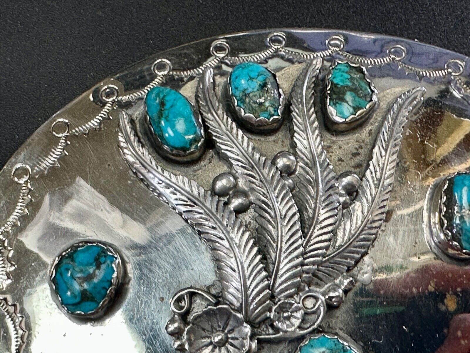 Unique 1980 signed multipal turquoise stones & Feathers belt buckle