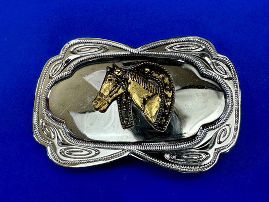 Beautiful Horse head / lucky horseshoe - two tone reflective belt buckle