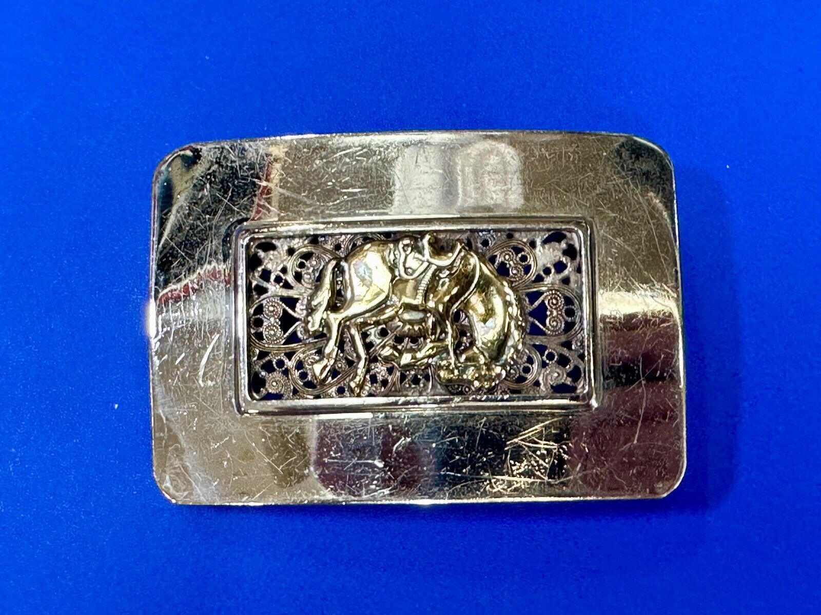 Unique Rodeo Cowboy Horse Saddle Bronc Nickel Silver Mesh Background belt Buckle