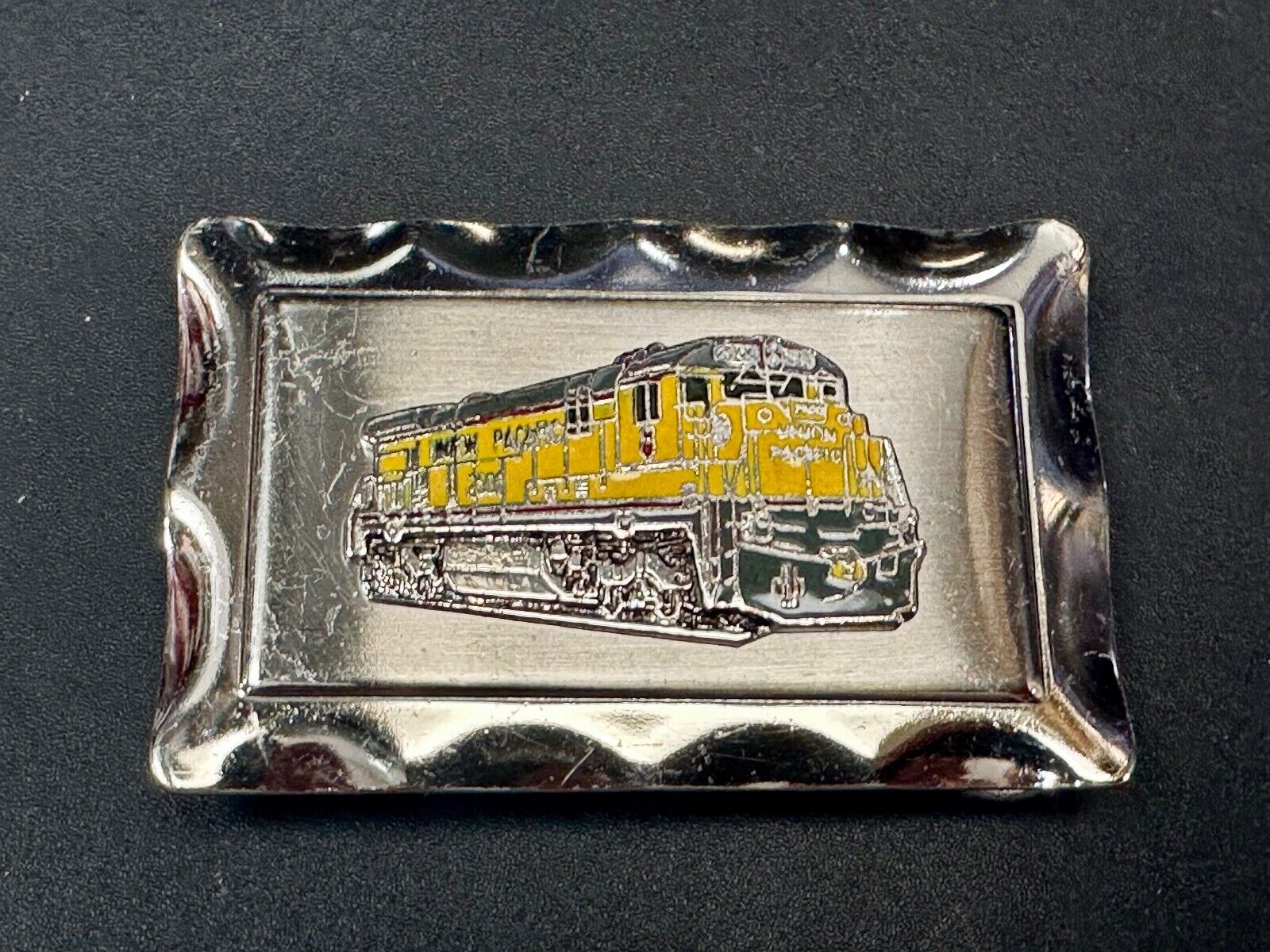 Union Pacific Yellow Train Rail Road Steam Engine silver tone vtg.  belt buckle