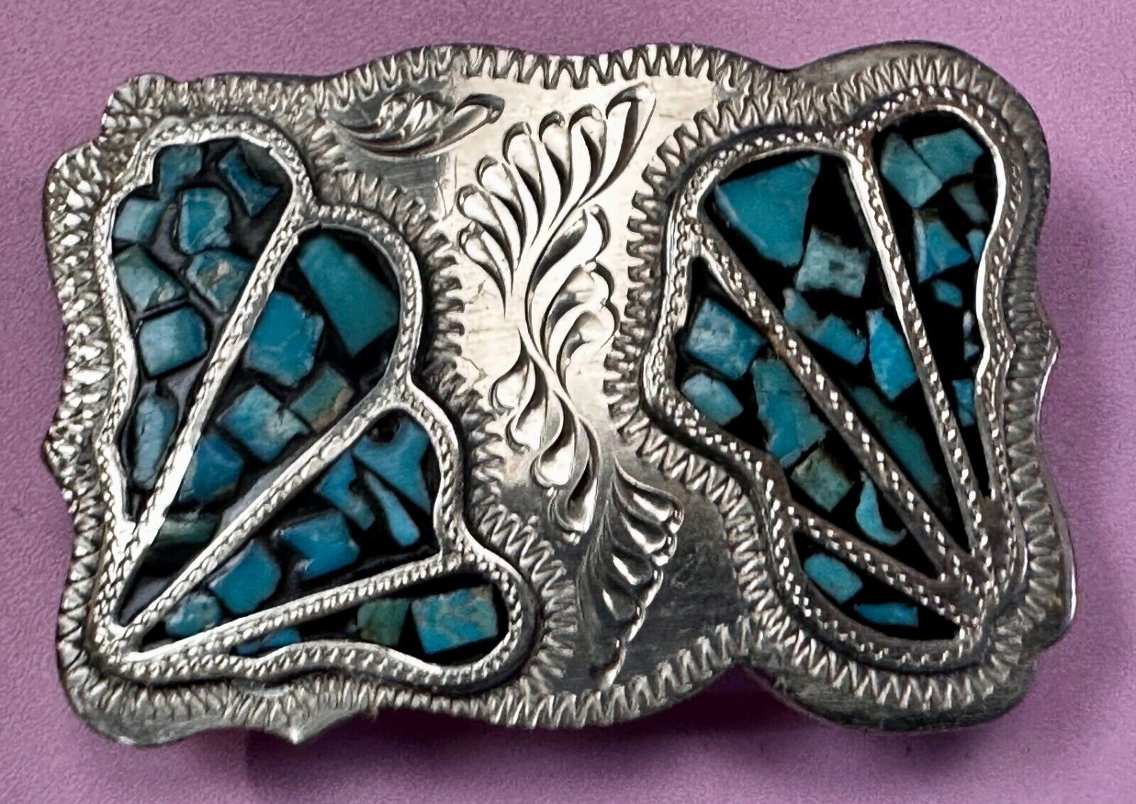 Turquoise Coral Stone Chip Inlay Hand Made Wil-Aren Western Jewelry Belt Buckle