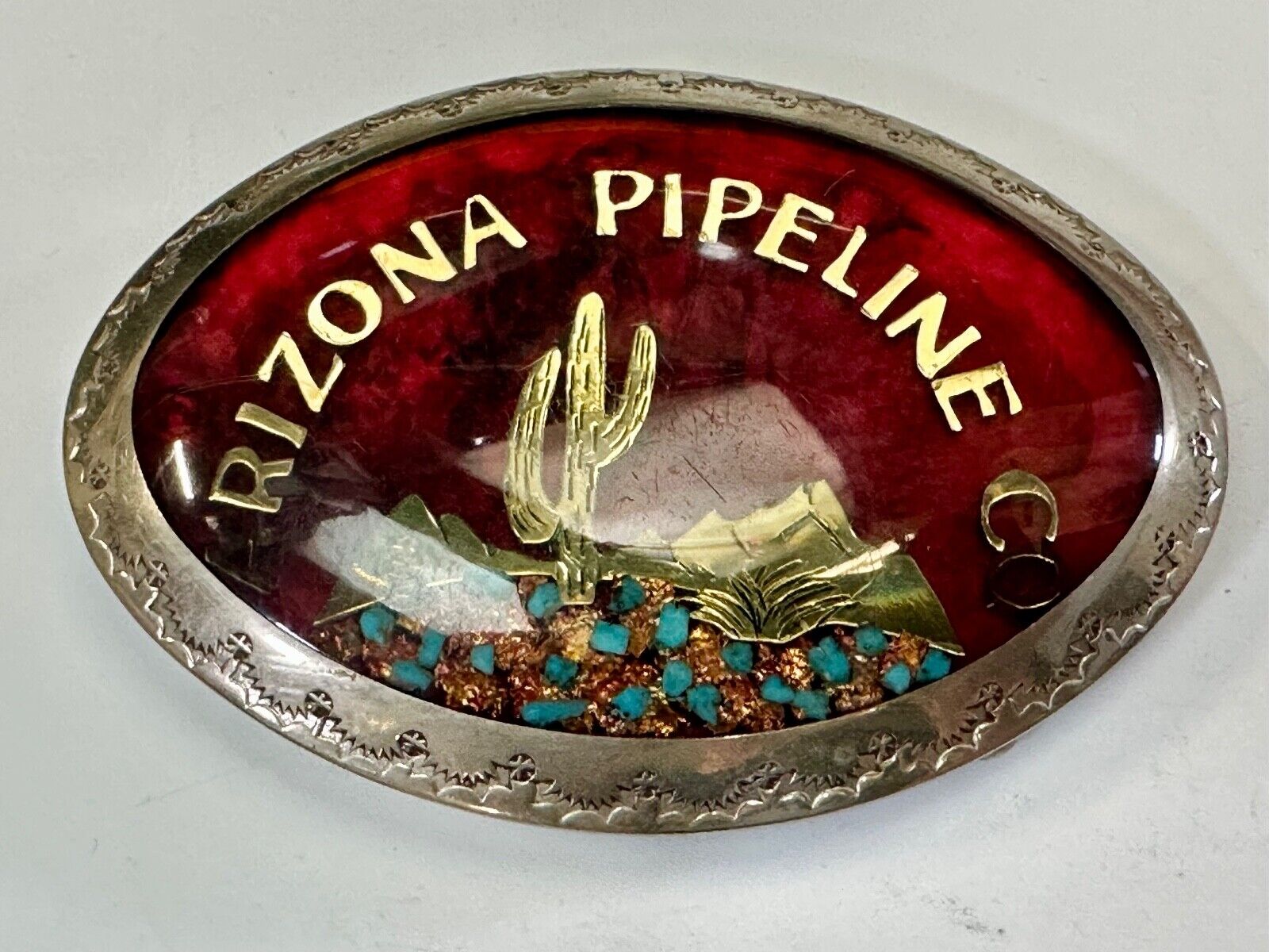 Arizona Pipeline Oil Mine inlaid turquoise Native American hallmark belt buckle
