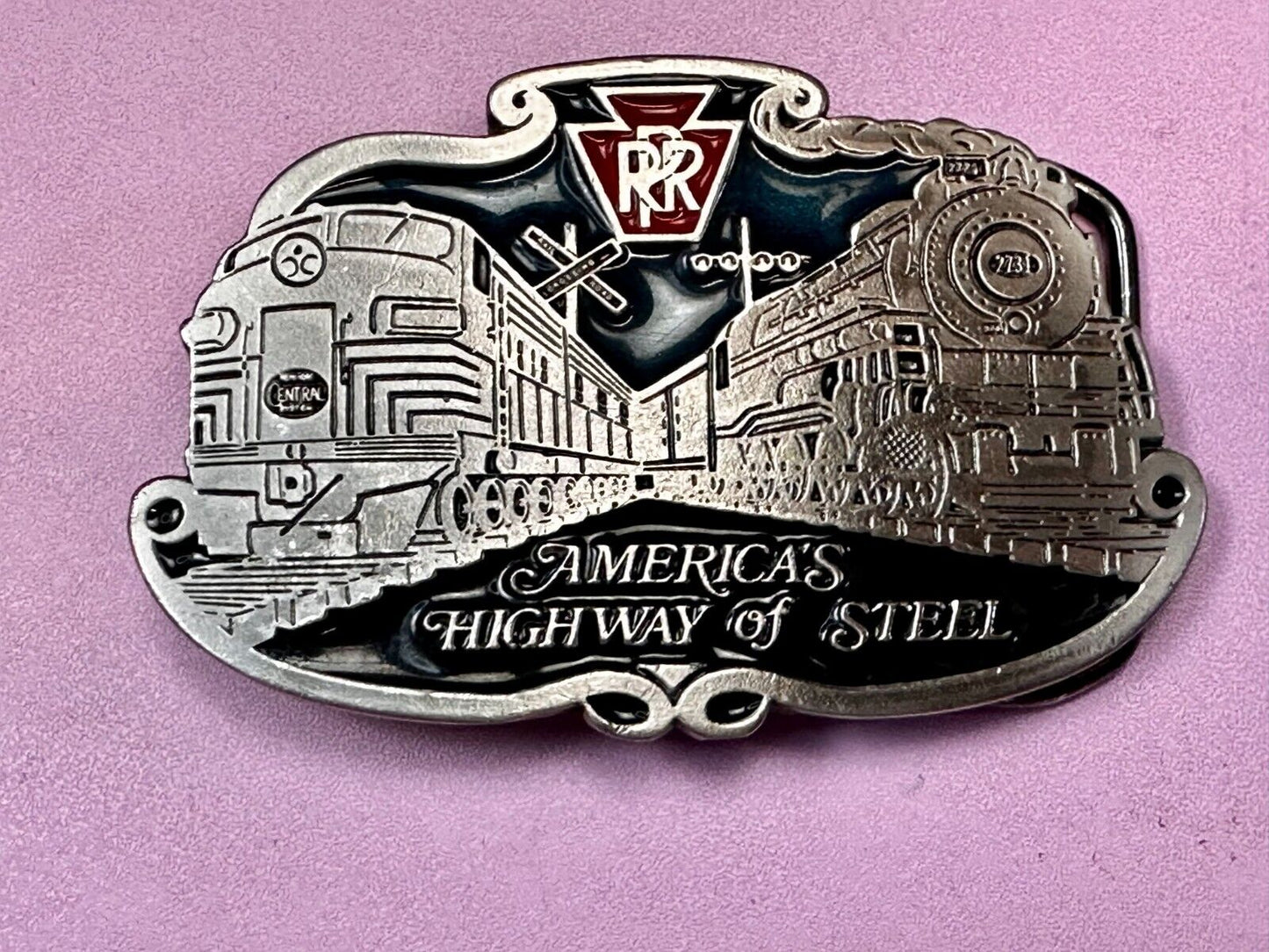 America’s Highway Of Steel RR Double Railroad Train Belt Buckle Made in USA 2396