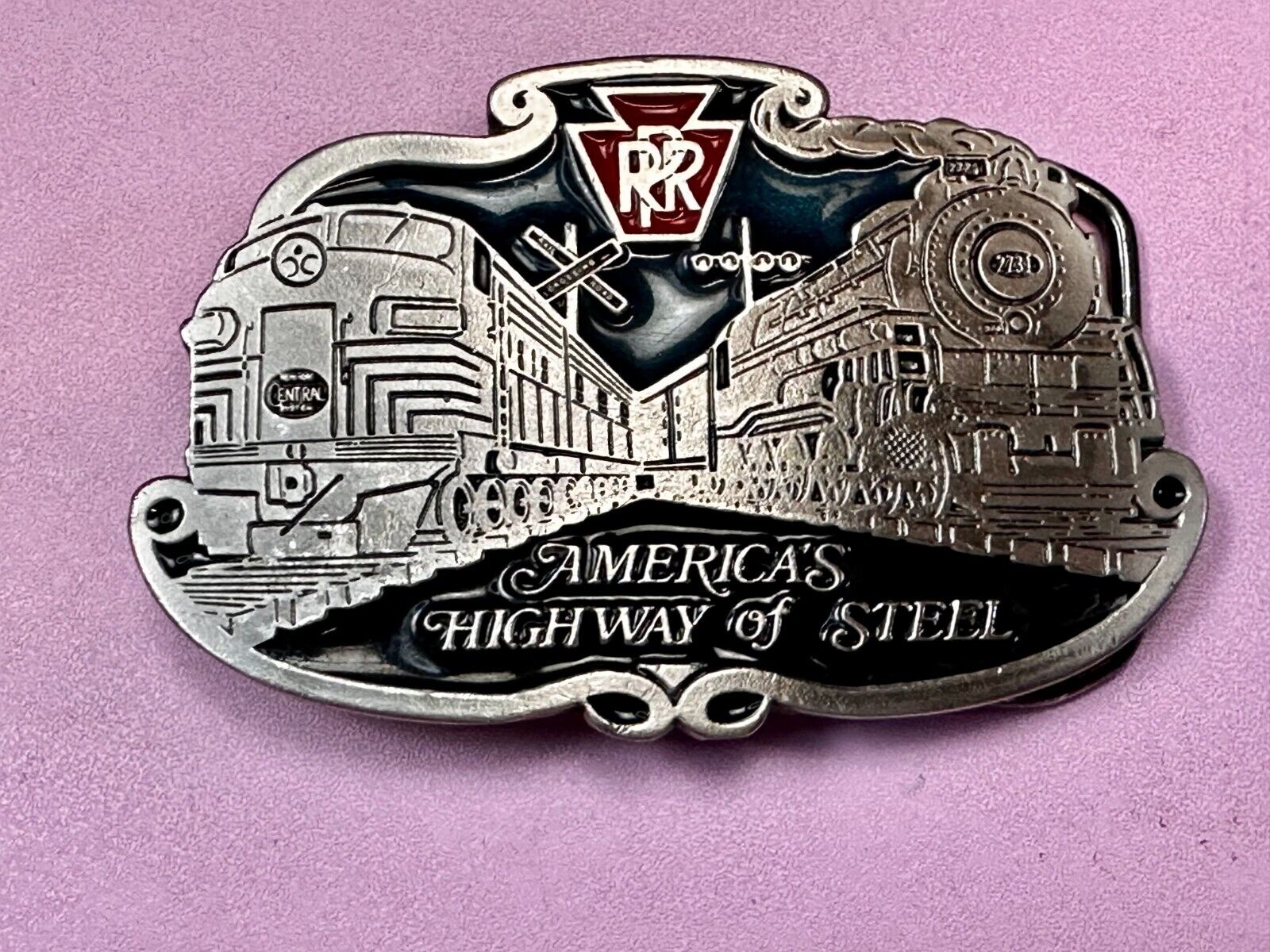 America’s Highway Of Steel RR Double Railroad Train Belt Buckle Made in USA 2396