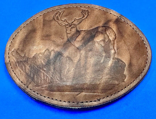 Vintage DEER in Nature, Hunters Leather oval LARGE belt buckle