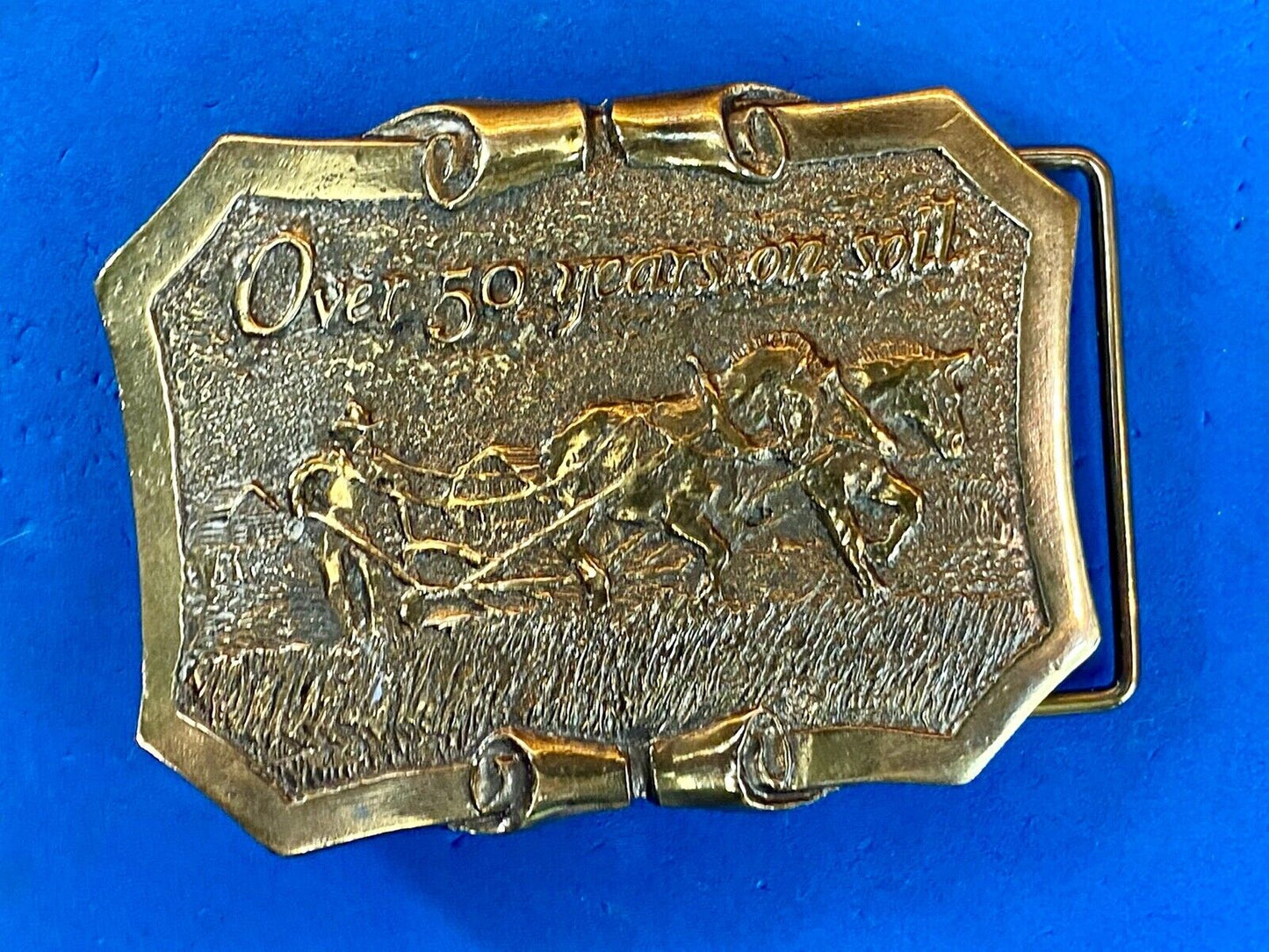 50 Years On Soil - Dahlman Belt Buckle - Field Engineered Farming Equipment 