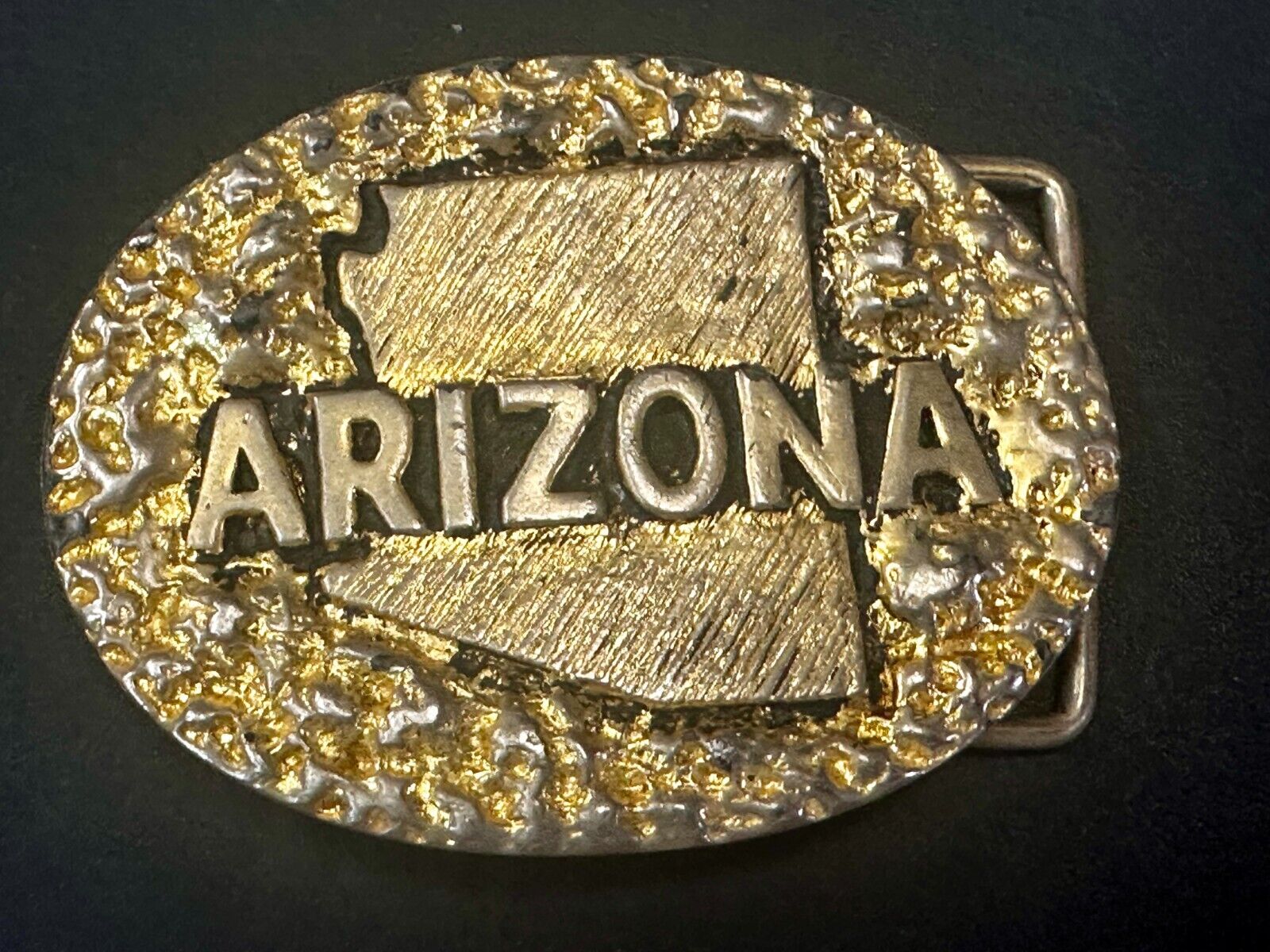 ARIZONA State Map Gold Nugget Panning Themed Metal Vintage Belt Buckle