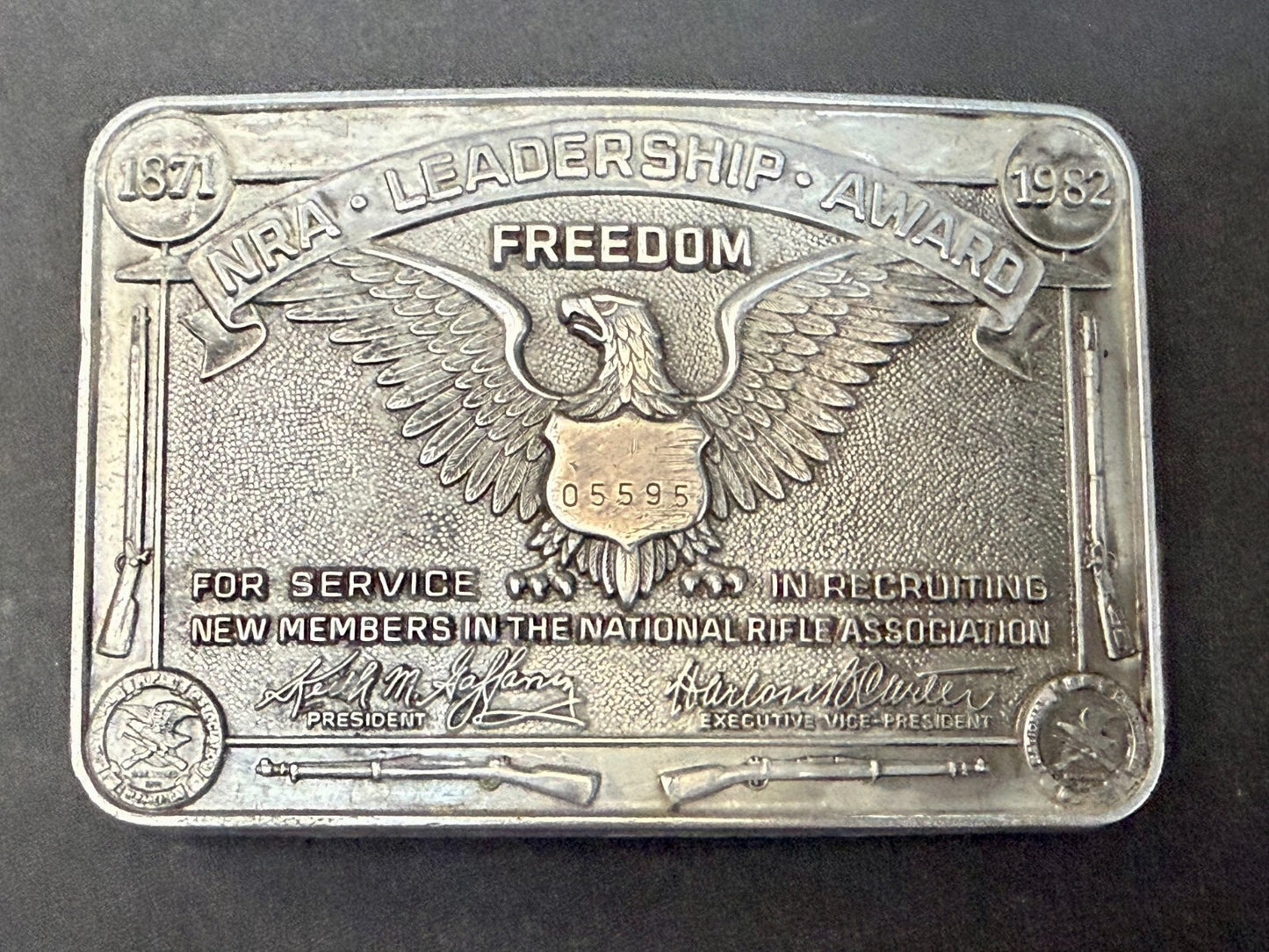 Vintage 1982 NRA National Rifle Association Leadership Award Belt Buckle