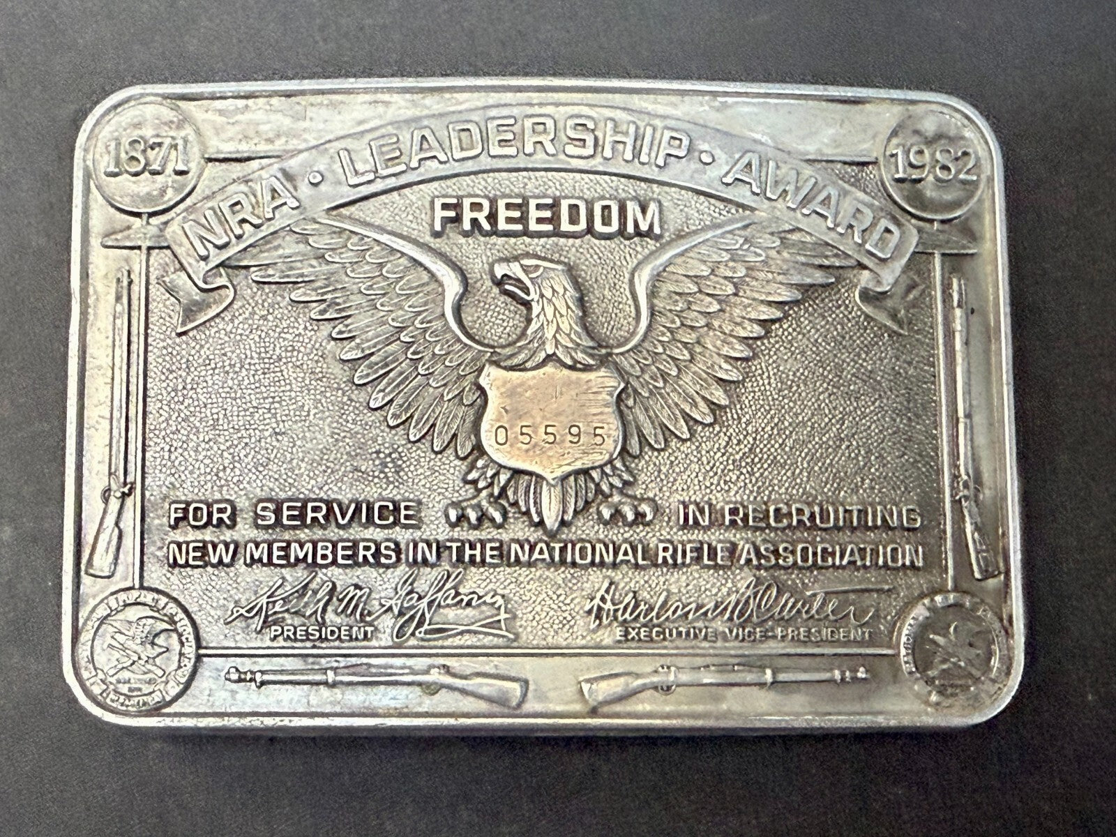 Vintage 1982 NRA National Rifle Association Leadership Award Belt Buckle