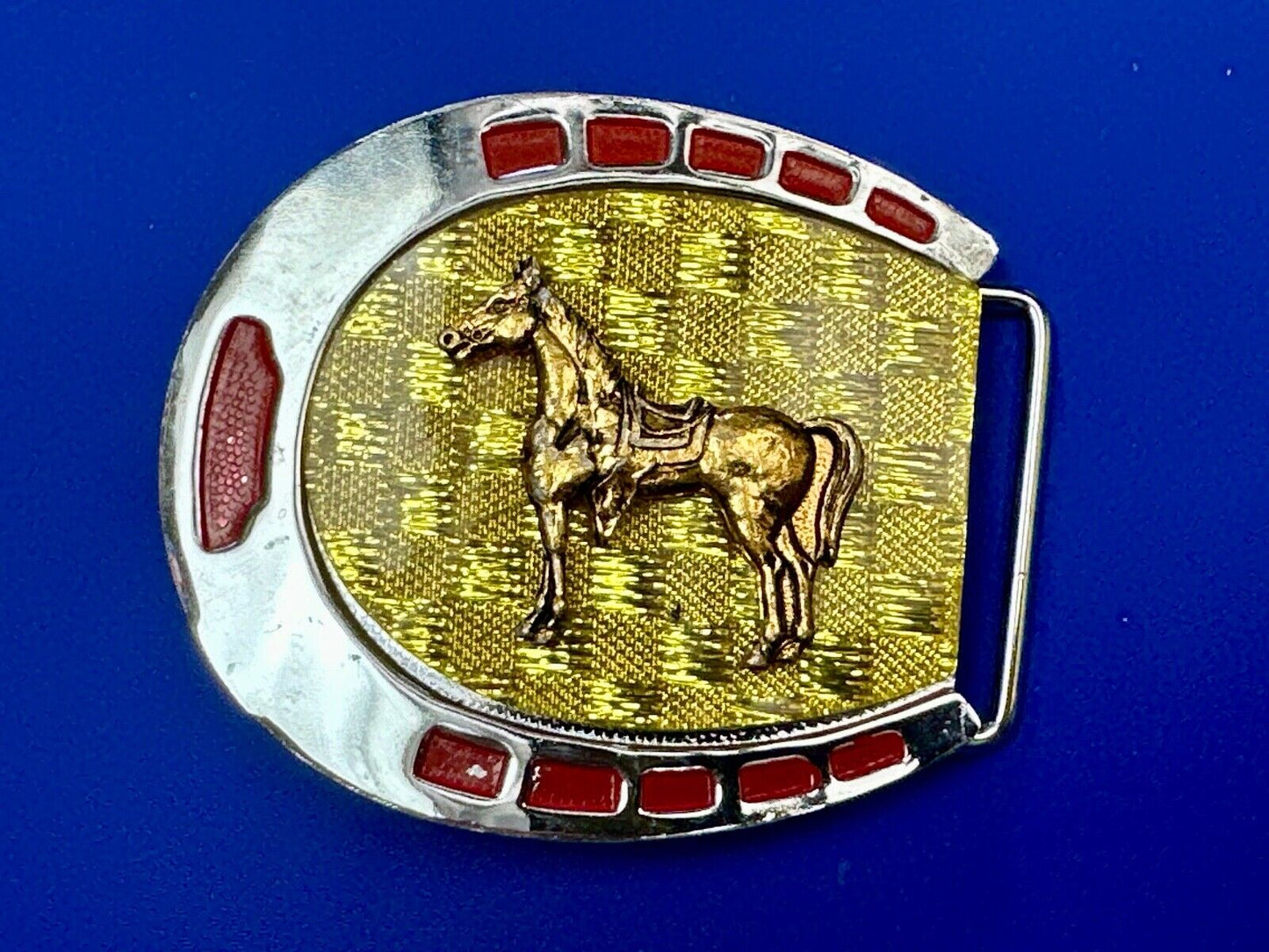 Artisan Resin covered Horseshoe shaped Belt Buckle with gold tone standing horse