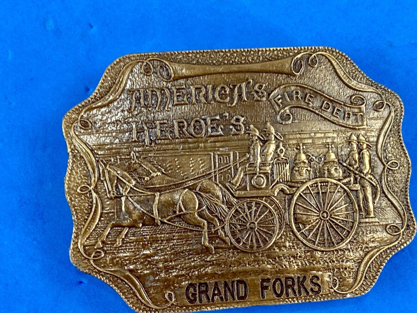 America’s Heroes FIRE DEPT Grand FORKS Fire Fighters belt buckle bottle opener