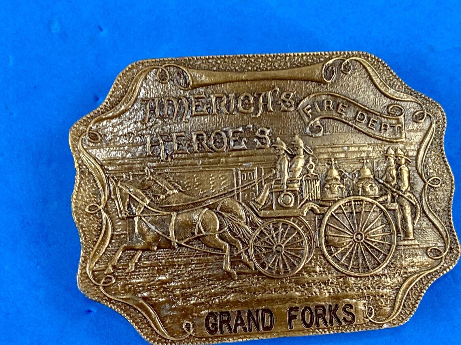 America’s Heroes FIRE DEPT Grand FORKS Fire Fighters belt buckle bottle opener
