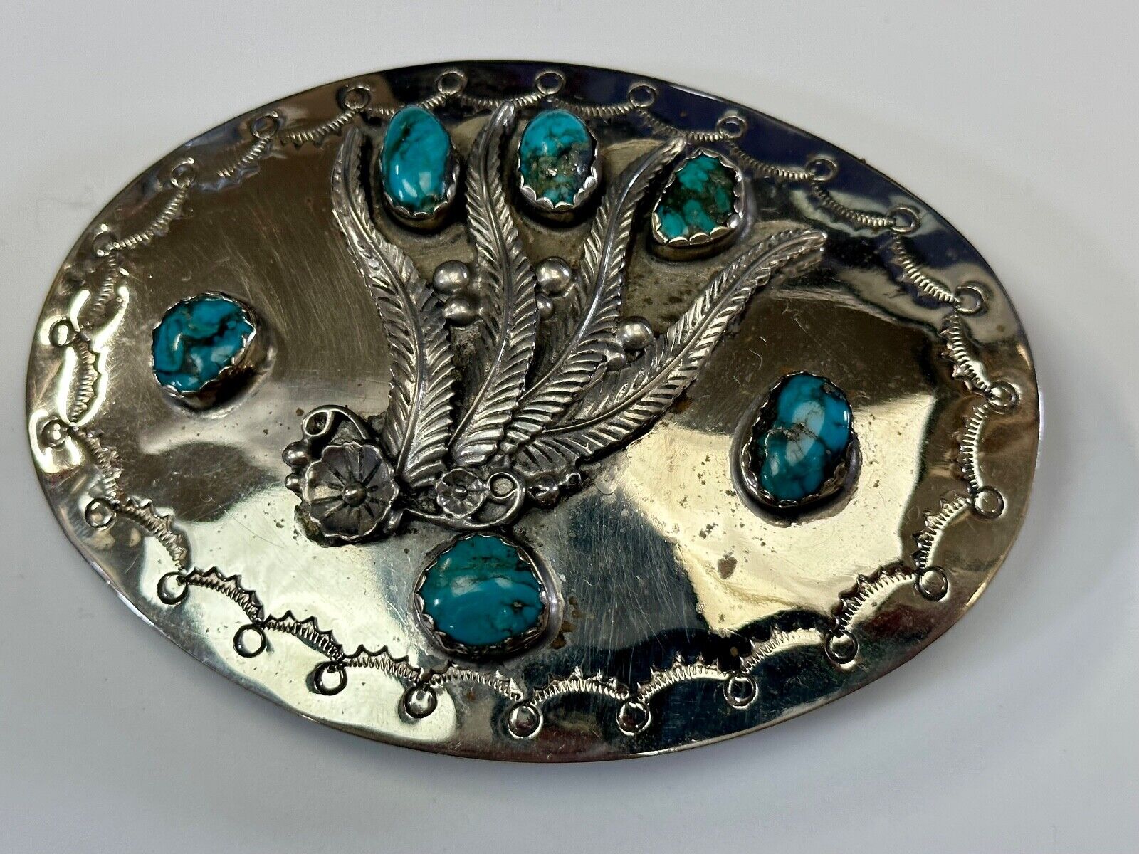 Unique 1980 signed multipal turquoise stones & Feathers belt buckle