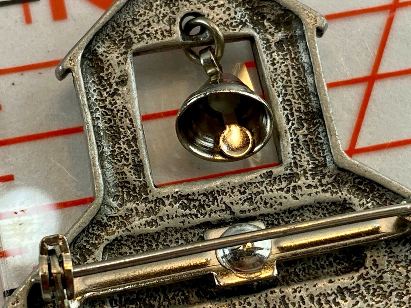 Vintage Jj Jonette Adorable Pewter School House With Moving Bell Brooch Pin