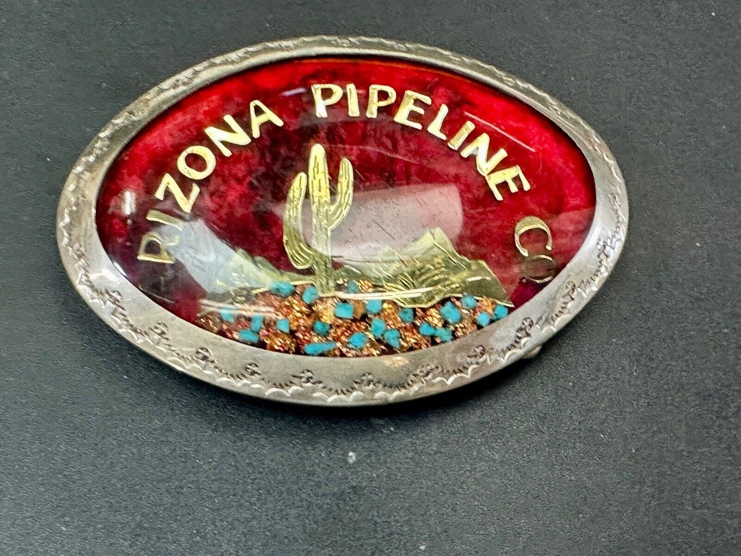 Arizona Pipeline Oil Mine inlaid turquoise Native American hallmark belt buckle