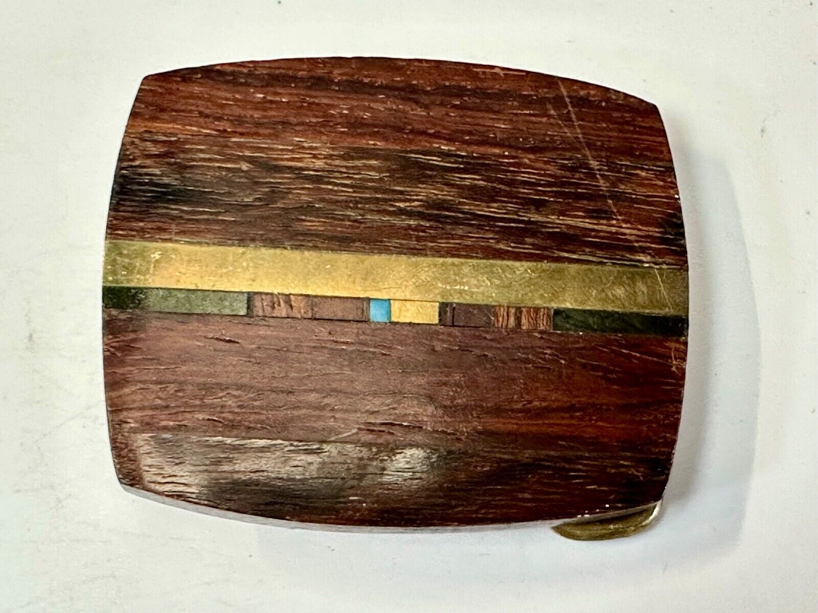 turquoise and solid brass inlay to exotic wood Scorpion Products Div belt buckle