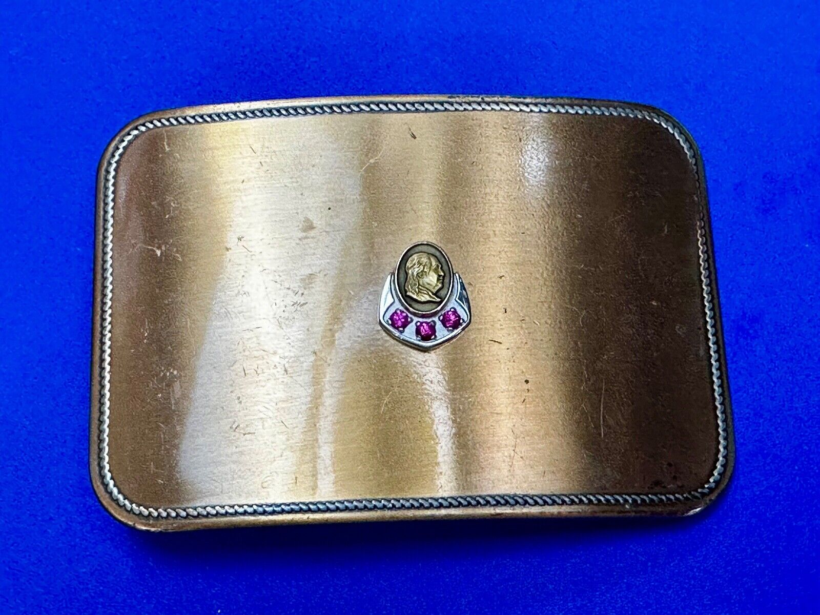 Vintage 10K Gold Benjamin Ben Franklin Centerpiece Belt Buckle with 3 ruby's