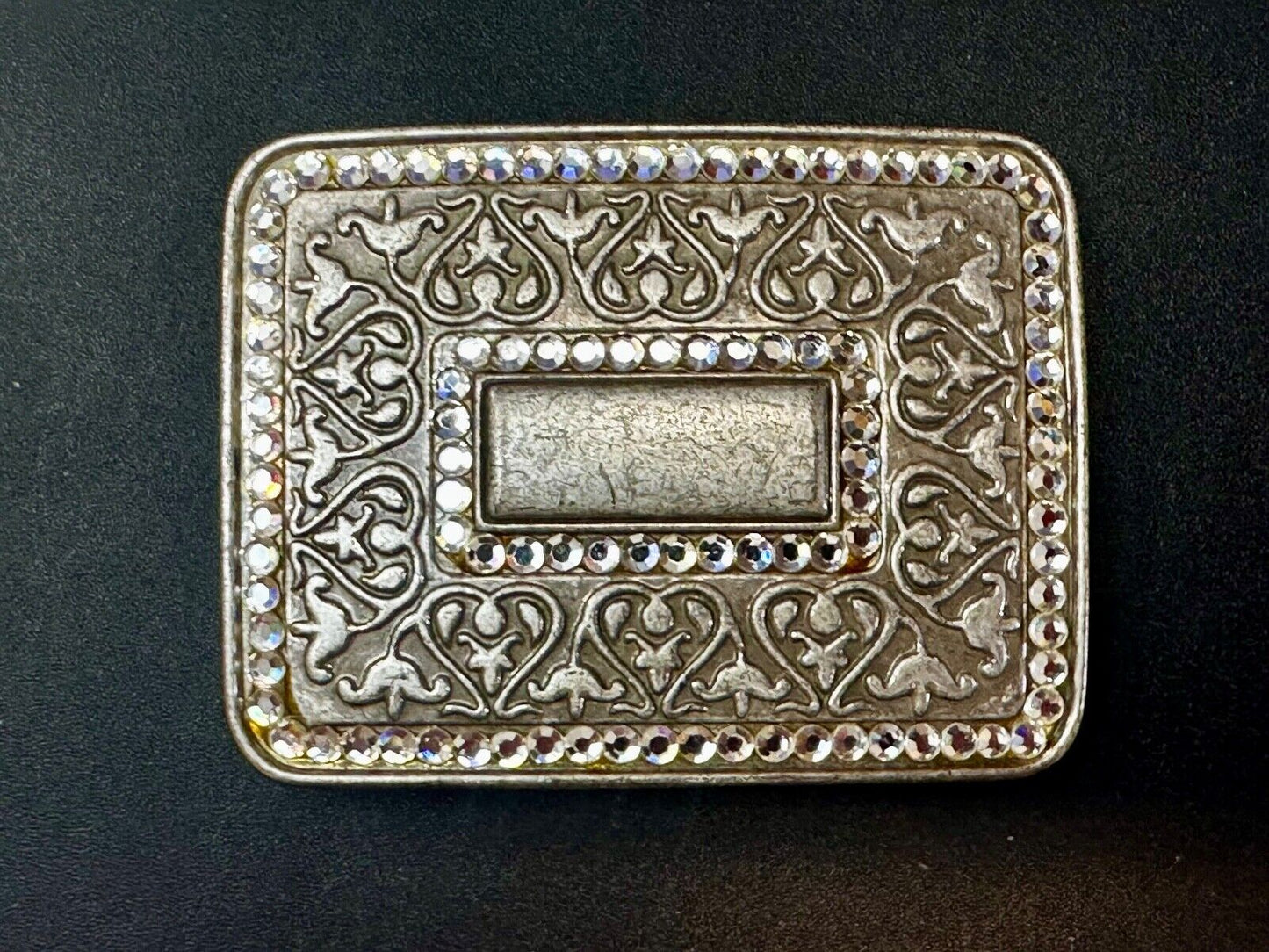 Vintage Floral flower swirl design belt buckle with two rhinestone boarders