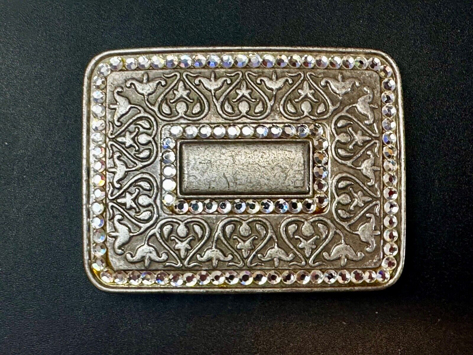 Vintage Floral flower swirl design belt buckle with two rhinestone boarders