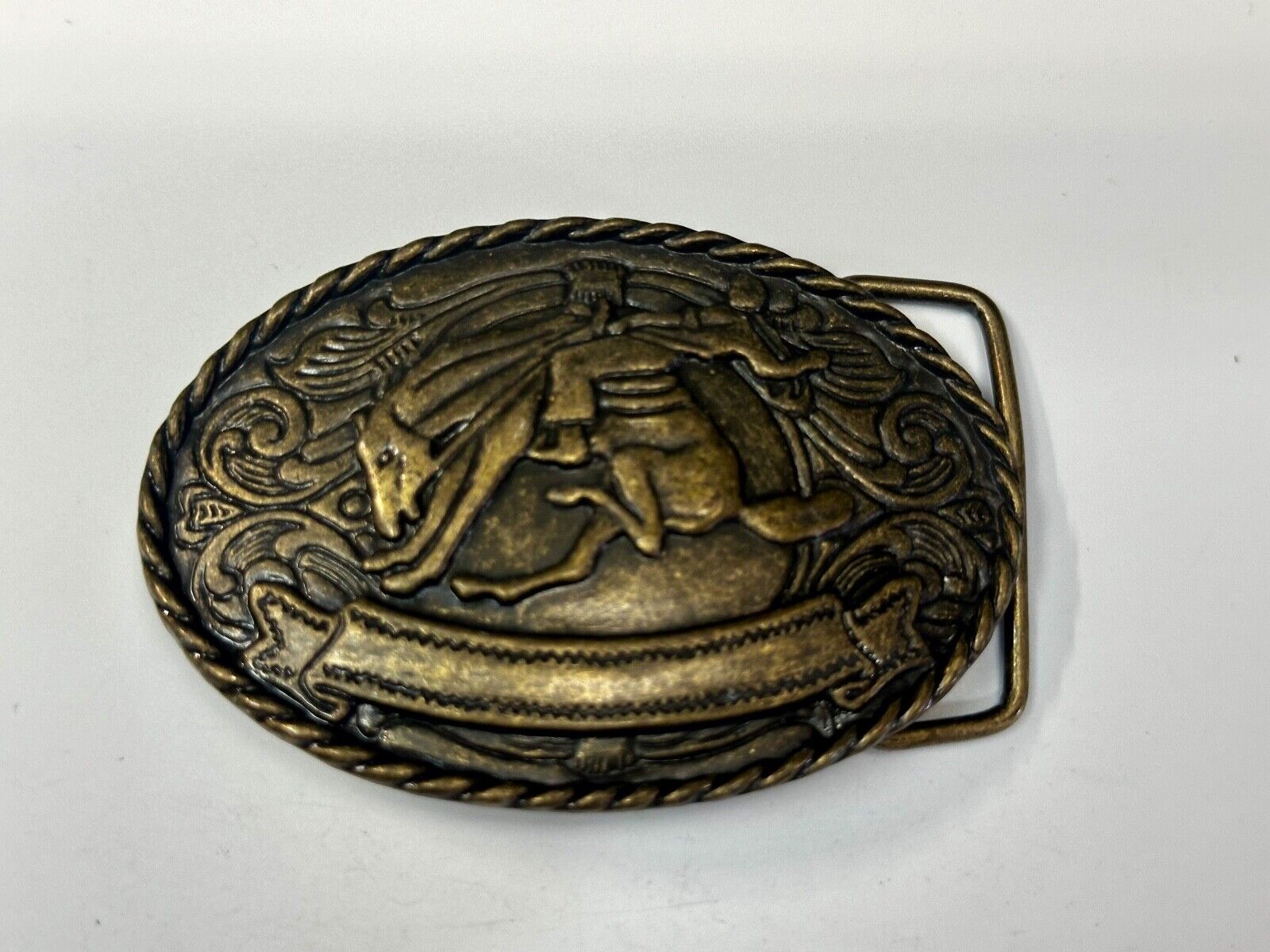 Abstract Vintage Cowboy Saddle Bronc western belt buckle with award ribbon