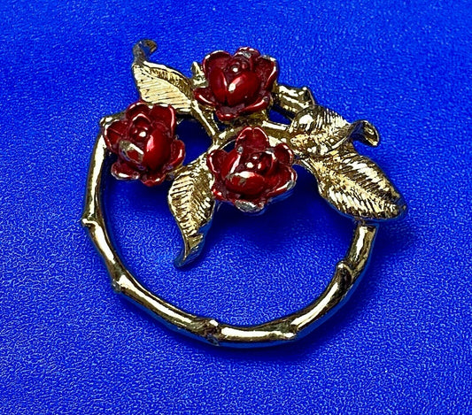 Vintage Gerry's Gold Tone Red Enamel Figural Round Rose Flower Brooch Pin