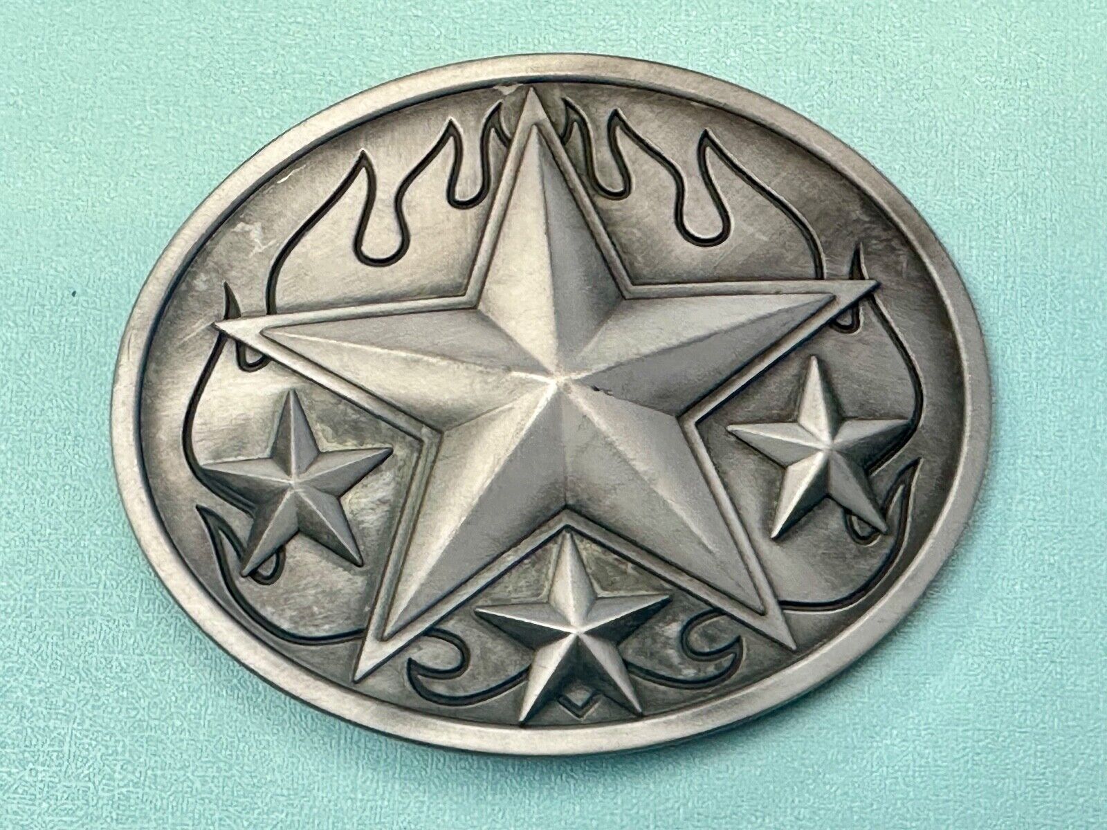 3d Nautical Celtic STAR in flames silver tone oval 4" wide belt buckle