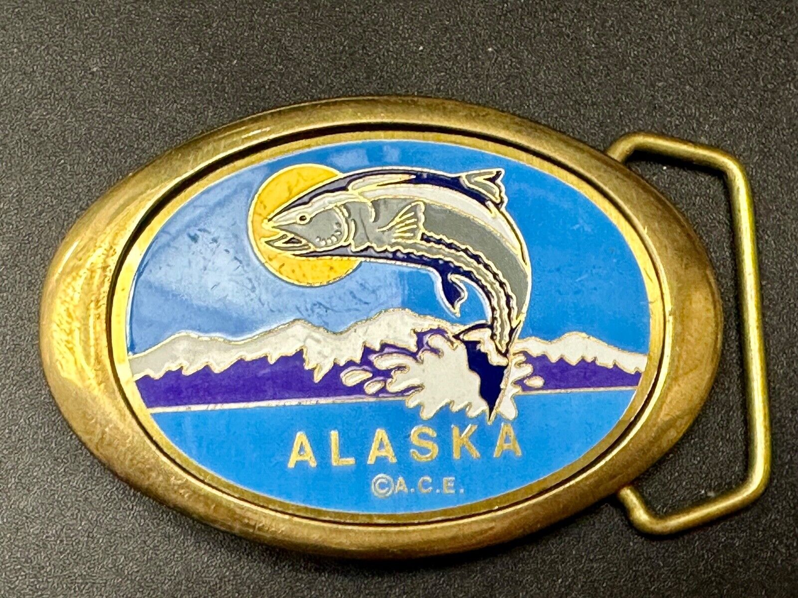 Alaska A.C.E. Jumping Fish - Vintage Solid Brass oval Belt Buckle  QB-101