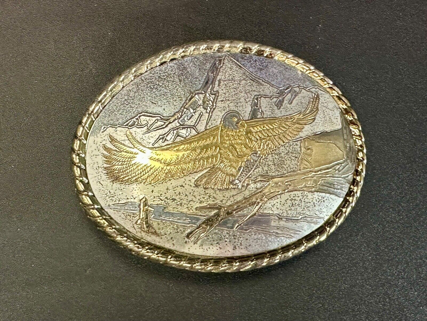 American Eagle Landing on limb perch - Vintage western oval belt buckle marked W