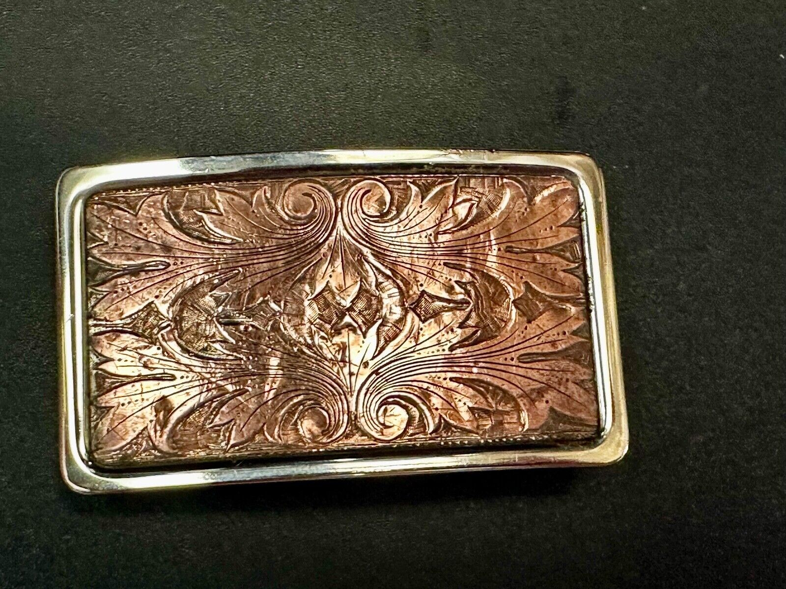 Vintage etched brown leaf pattern two tone Belt Buckle