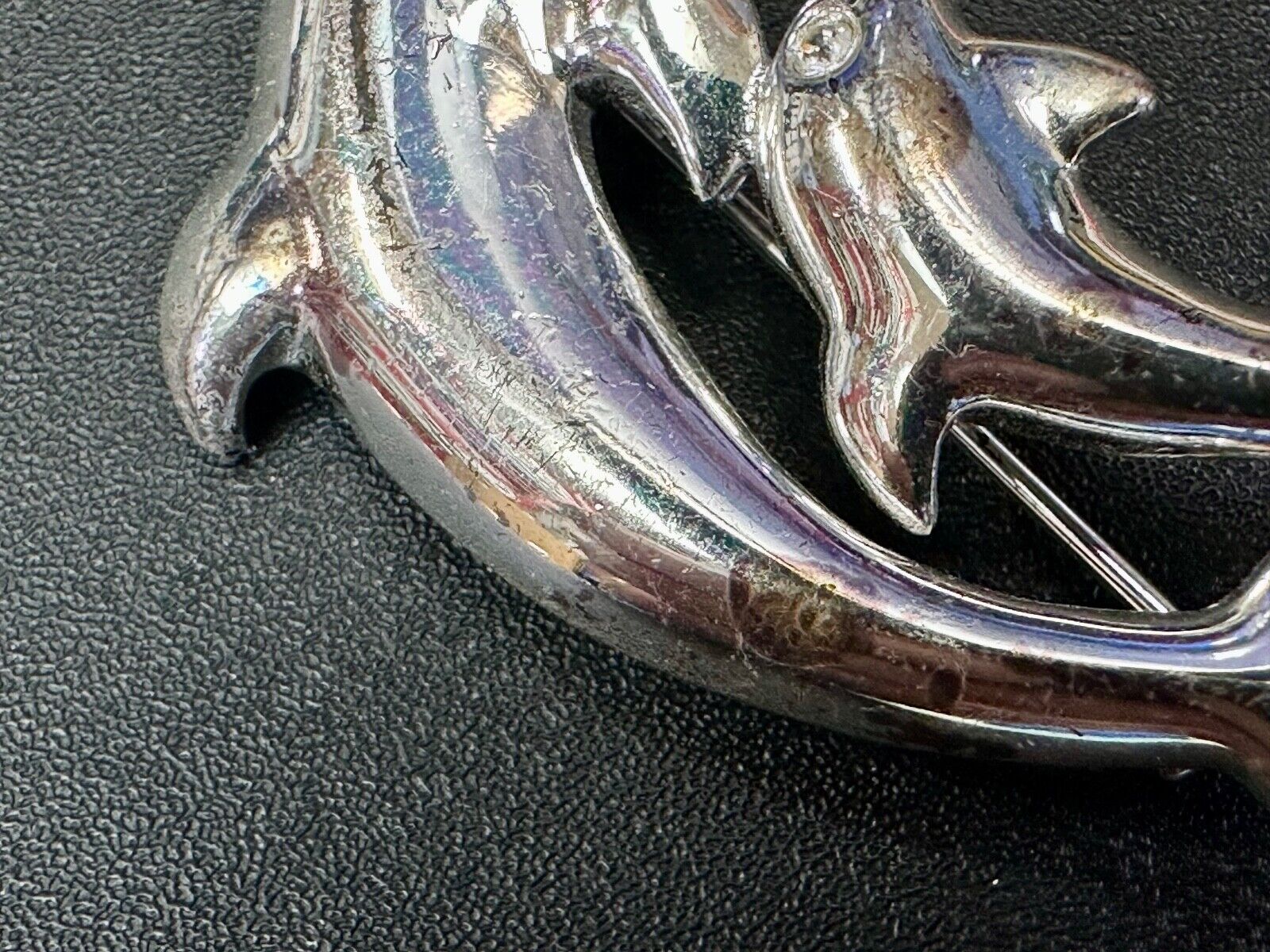 Two  Dolphins Curved Jumping in ocean scene AK Anne Klein Brooch Pin